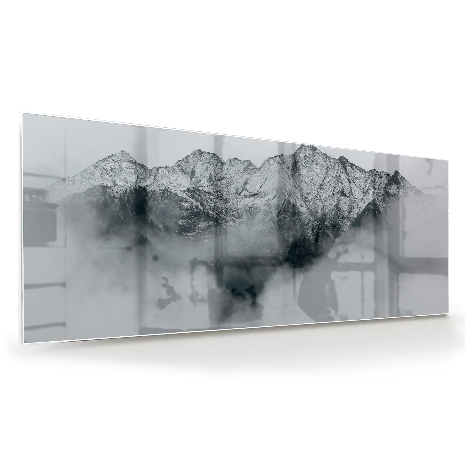 Elegantes Glasbild mit Bergen in Schwarz-Weiß – Glasbild aus Sicherheitsglas, Größe 60x60