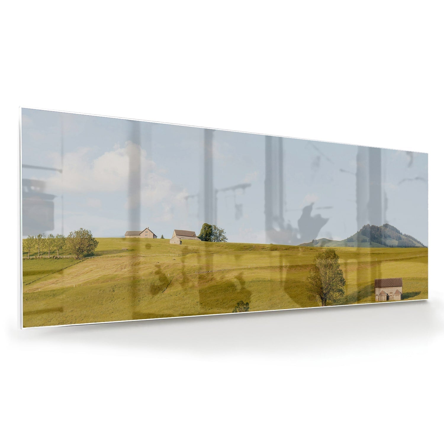 Glasbild mit grünen Hügeln in der Landschaft – Glasbild aus Sicherheitsglas, Größe 60x60