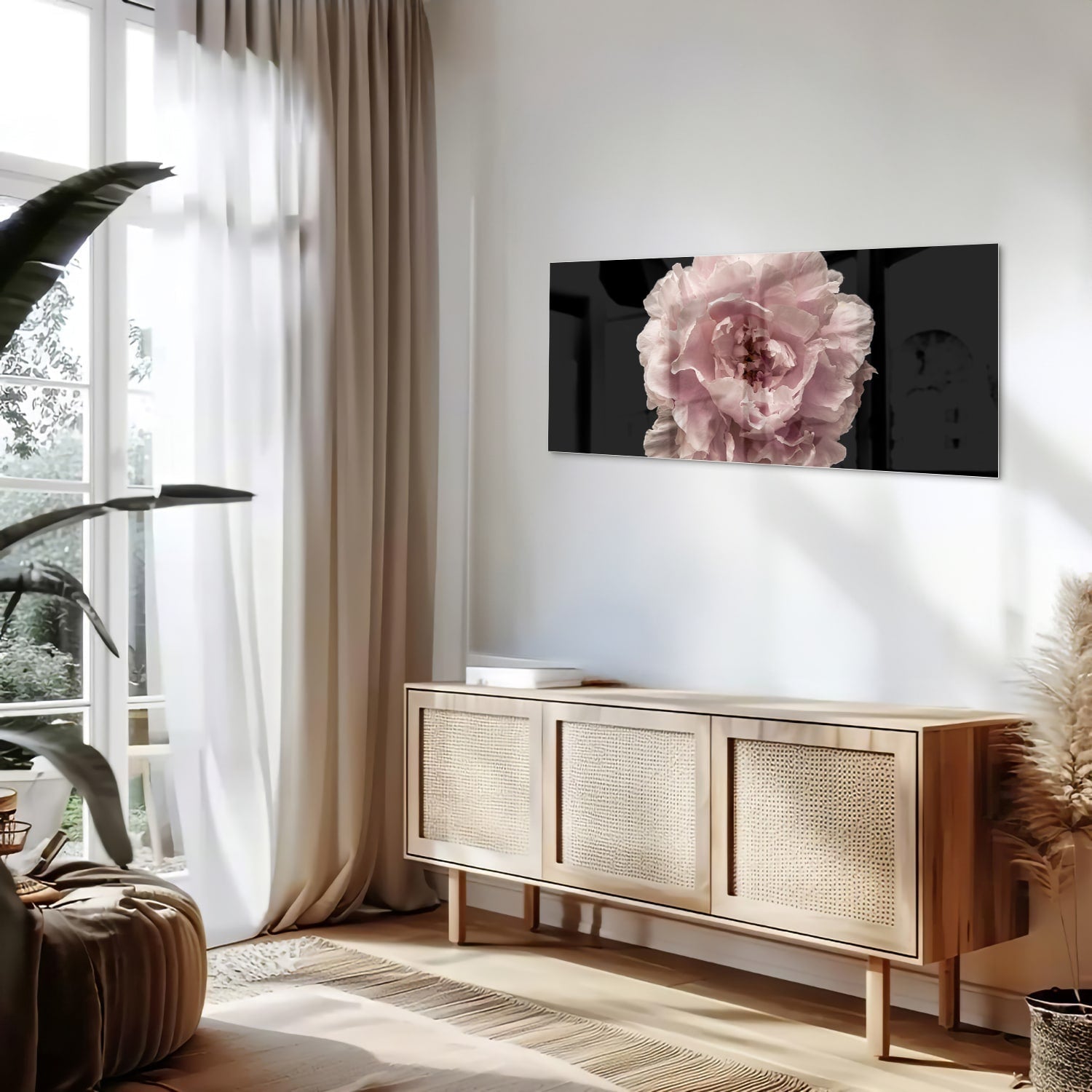 Elegantes Glasbild mit Rosenblüte auf schwarzem Hintergrund – perfekt für Ihr Interieur – Glasbild aus Sicherheitsglas, Größe 60x60_rond
