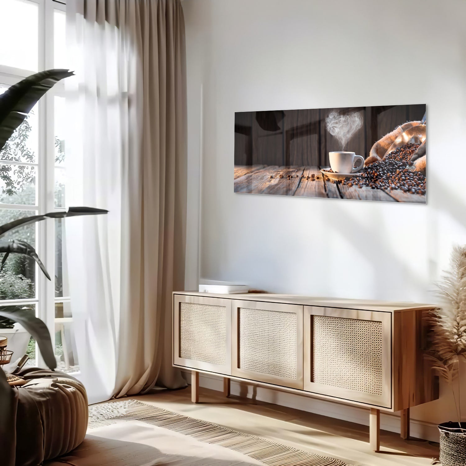 Stilvolles Glasbild mit Kaffee und Kaffeebohnen – Glasbild aus Sicherheitsglas, Größe 60x60_rond
