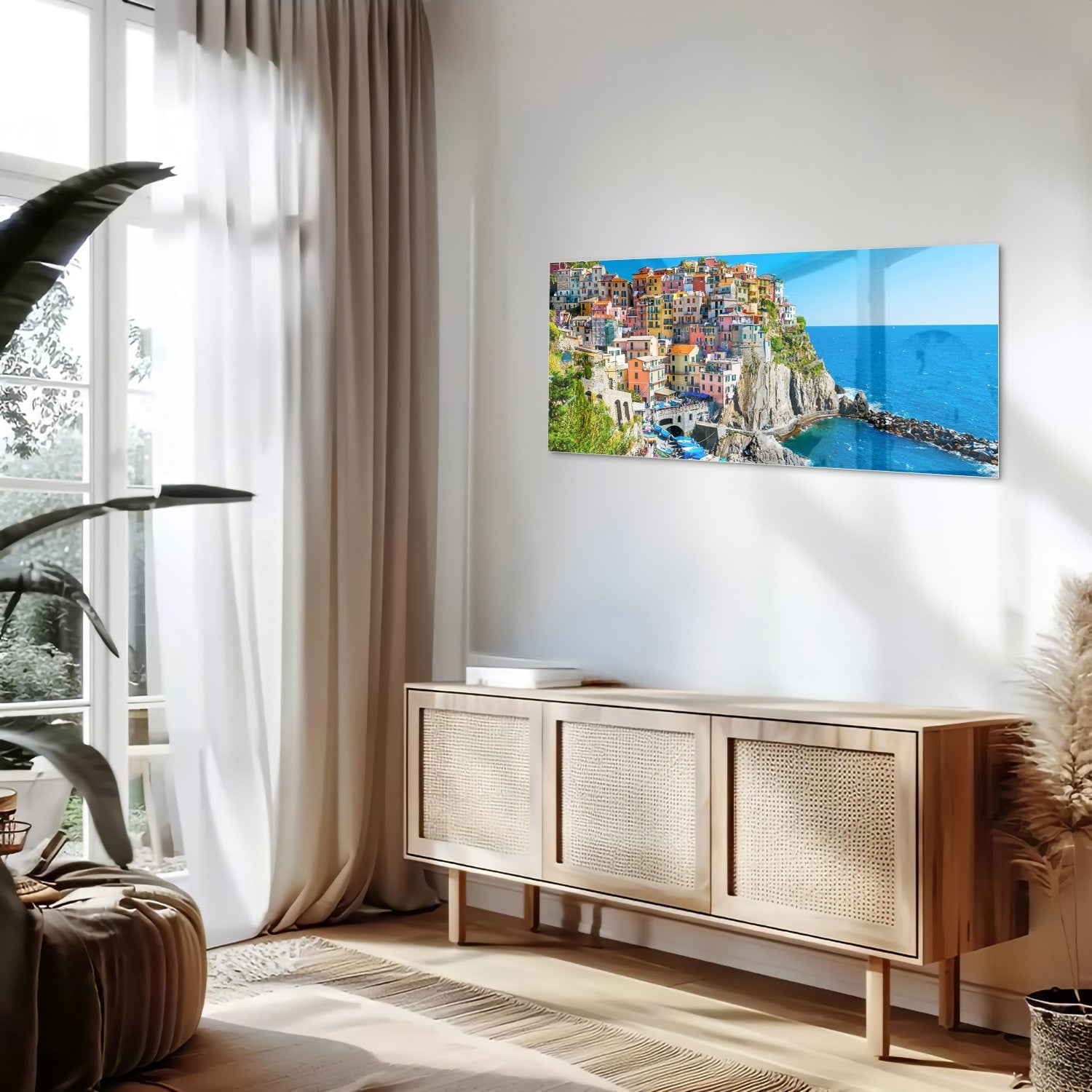Glasbild mit farbenfroher Küstenlinie – Glasbild aus Sicherheitsglas, Größe 60x60_rond