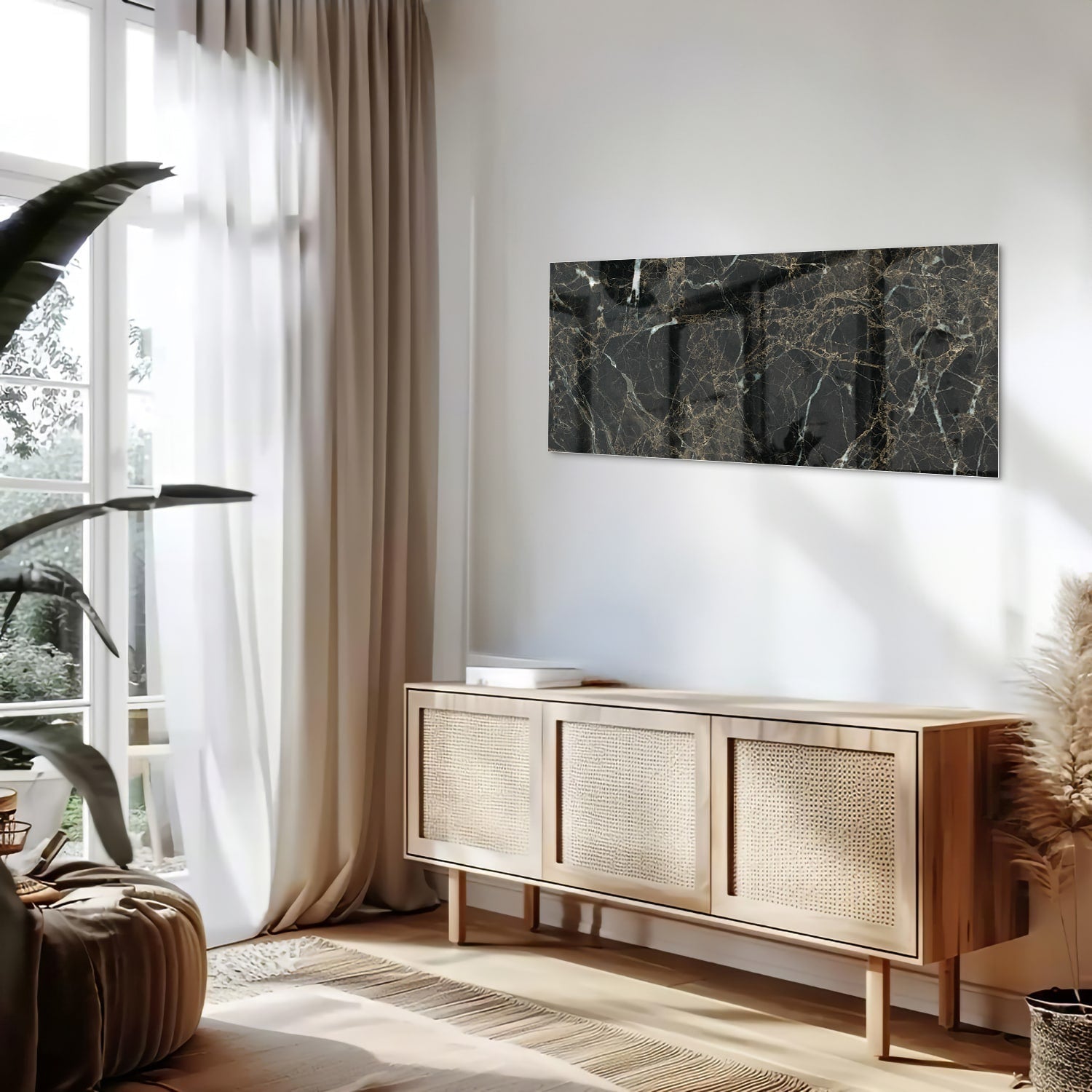 Elegantes schwarzes Marmor-Glasbild für luxuriöses Interieur – Glasbild aus Sicherheitsglas, Größe 60x60_rond