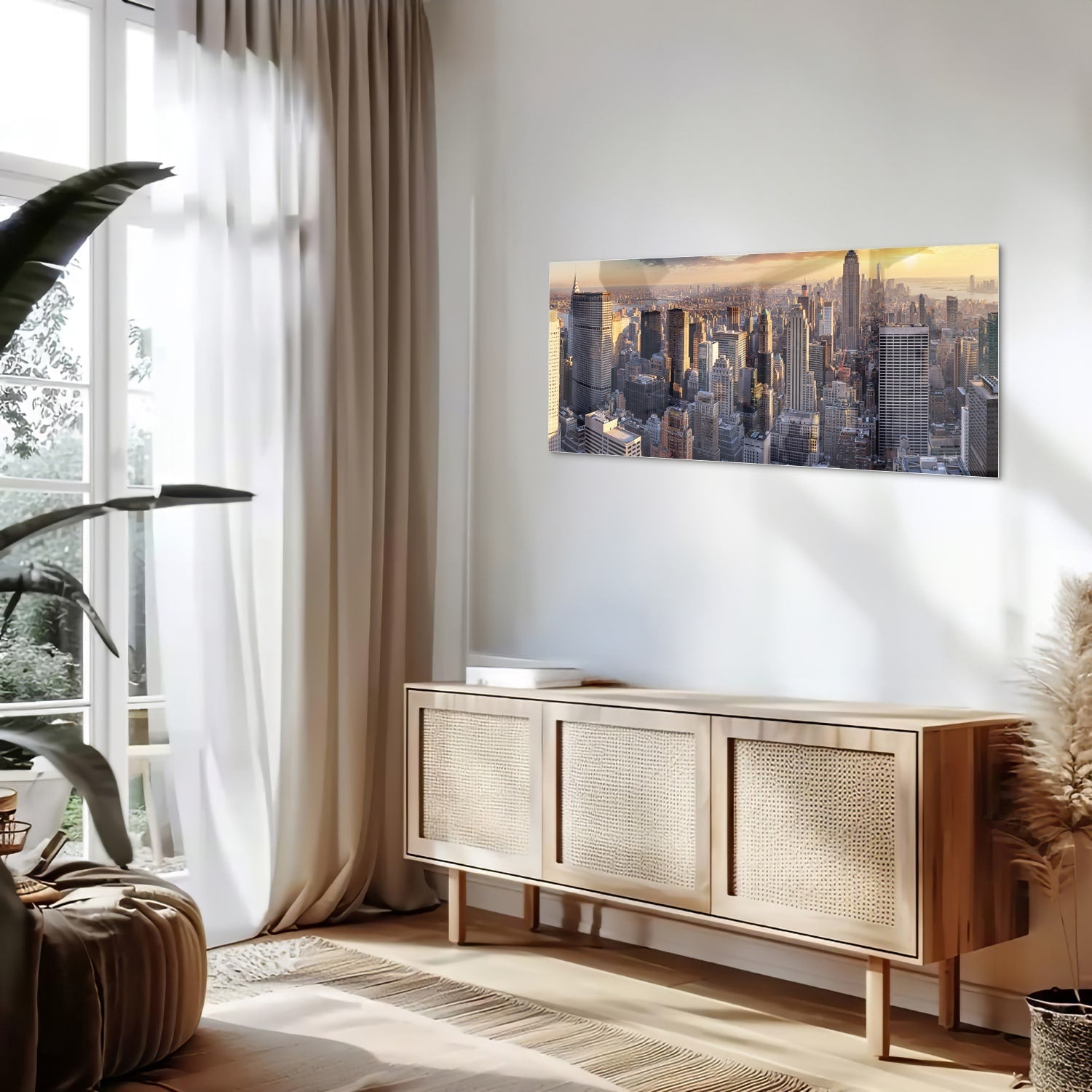 Glasbild mit atemberaubender Aussicht auf New York bei Sonnenuntergang – Glasbild aus Sicherheitsglas, Größe 60x60_rond