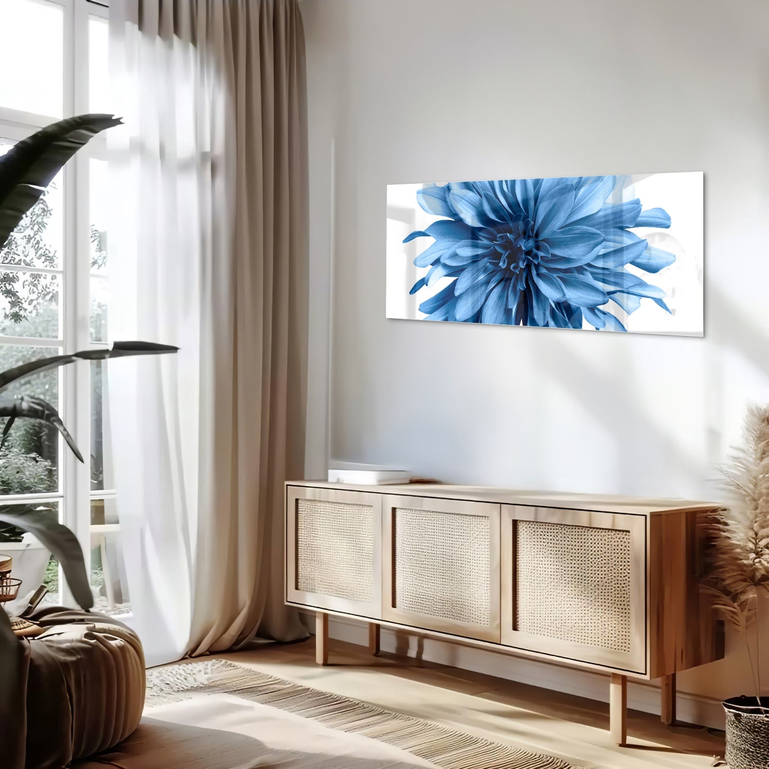 Blaues Glasbild mit einer Blume – Glasbild aus Sicherheitsglas, Größe 60x60_rond