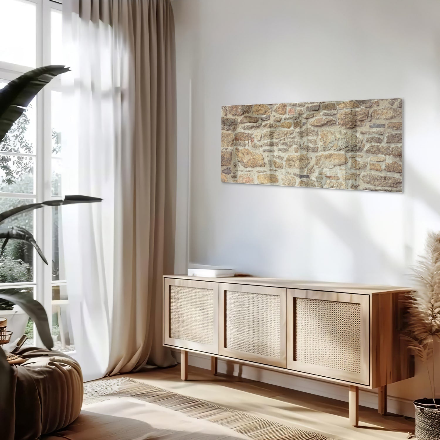 Glasbild mit rustikaler Steinwand – Glasbild aus Sicherheitsglas, Größe 60x60_rond