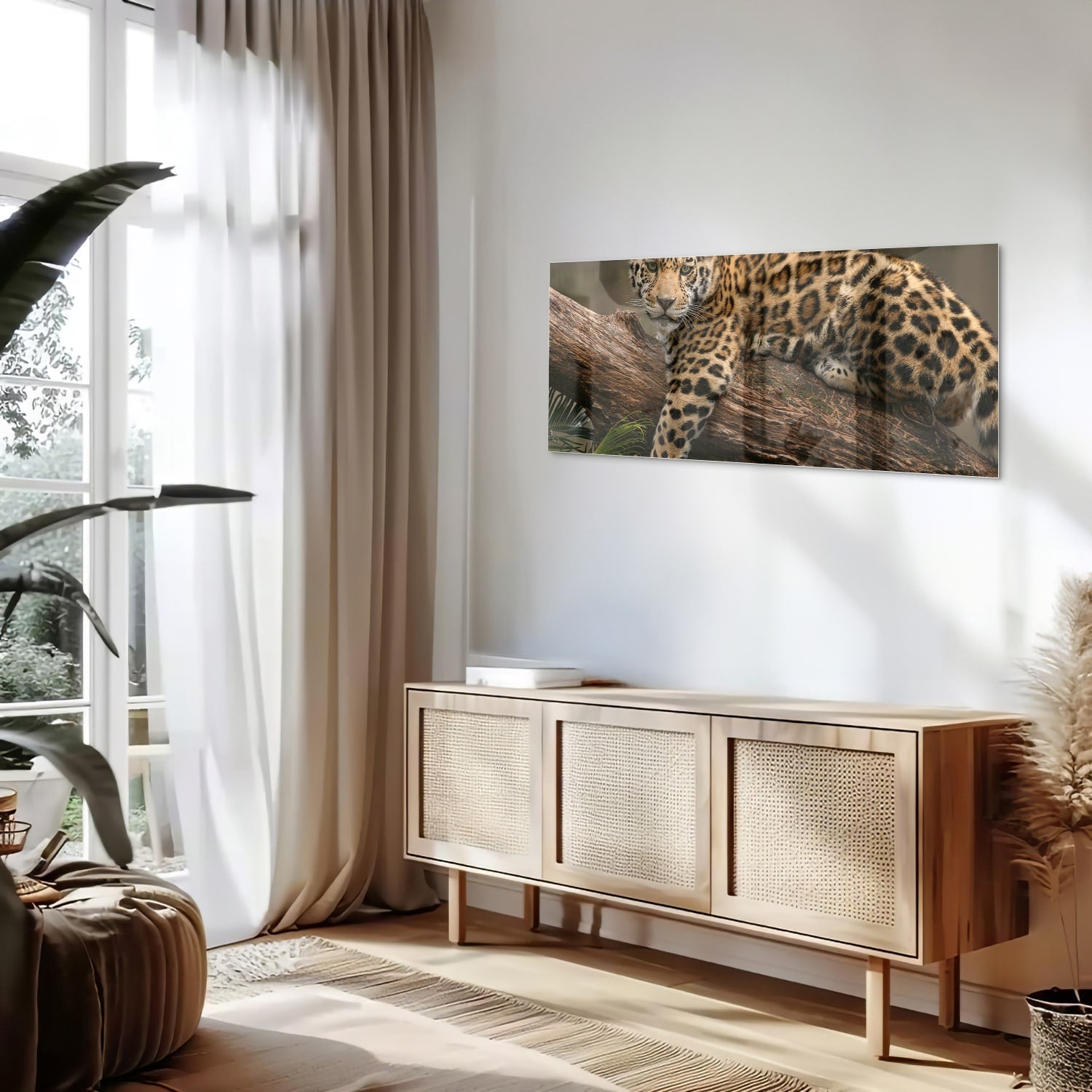 Glasbild mit einem majestätischen Jaguar – Glasbild aus Sicherheitsglas, Größe 60x60_rond