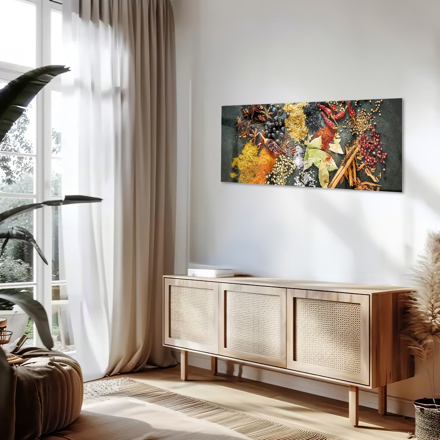 Farbenfrohes Glasbild mit Gewürzen und Blättern – Glasbild aus Sicherheitsglas, Größe 60x60_rond