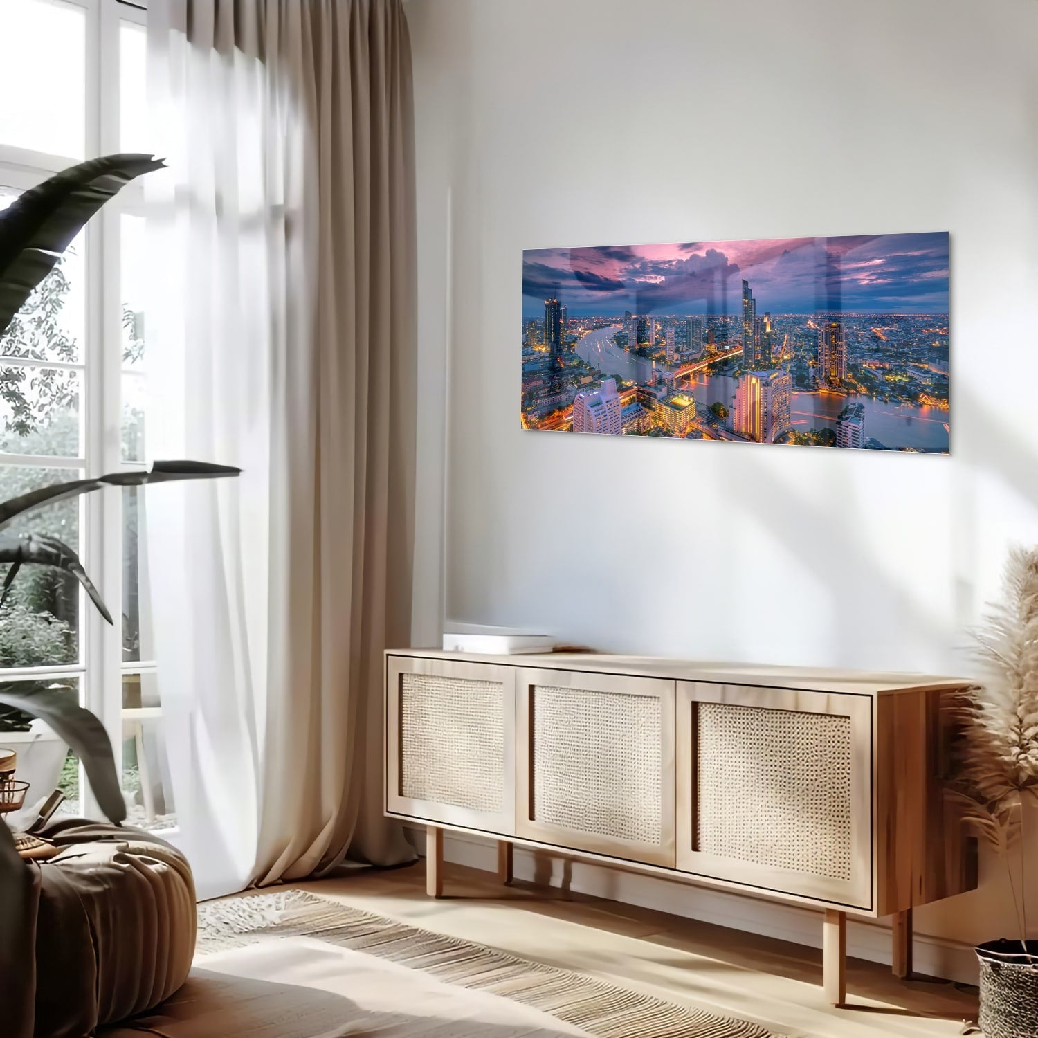 Glasbild mit Stadtblick im Abendlicht – Glasbild aus Sicherheitsglas, Größe 60x60_rond