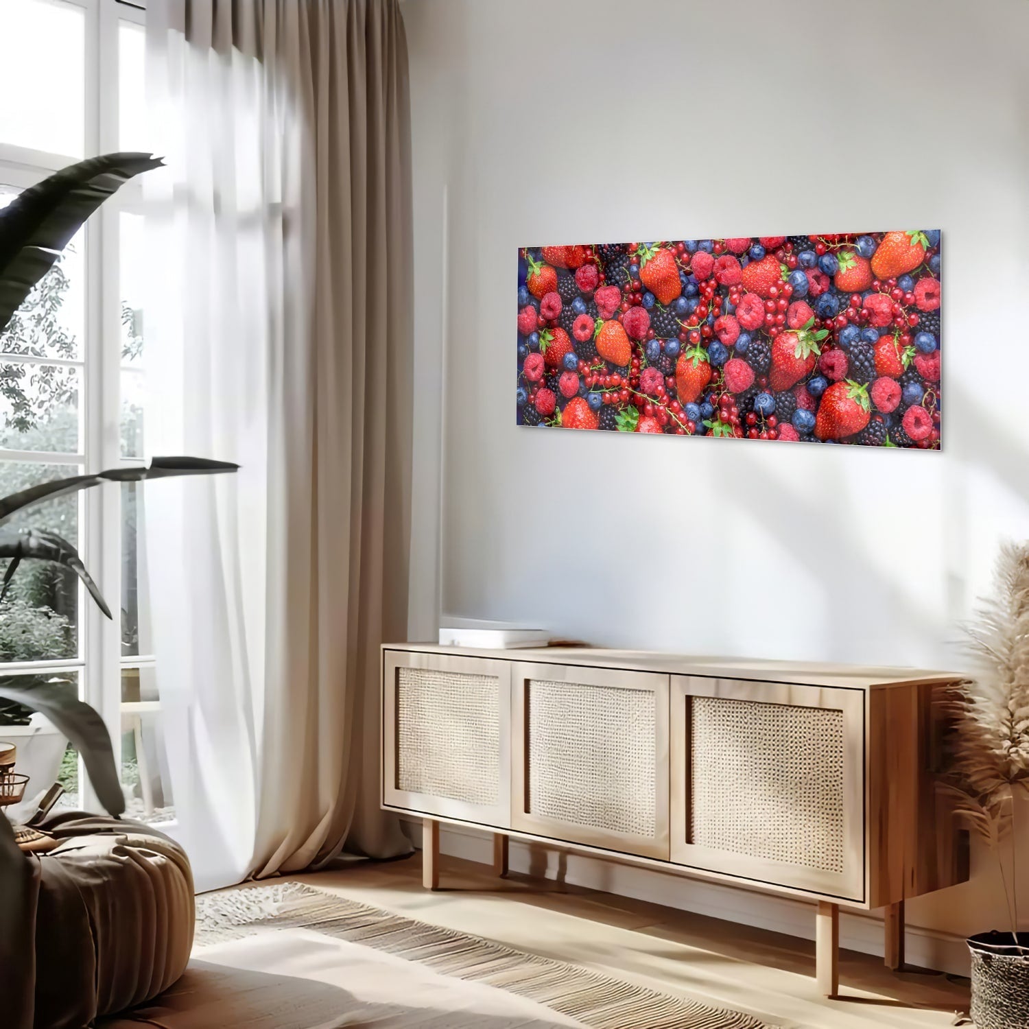 Farbenfrohes Glasbild mit Beeren und Früchten – Glasbild aus Sicherheitsglas, Größe 60x60_rond