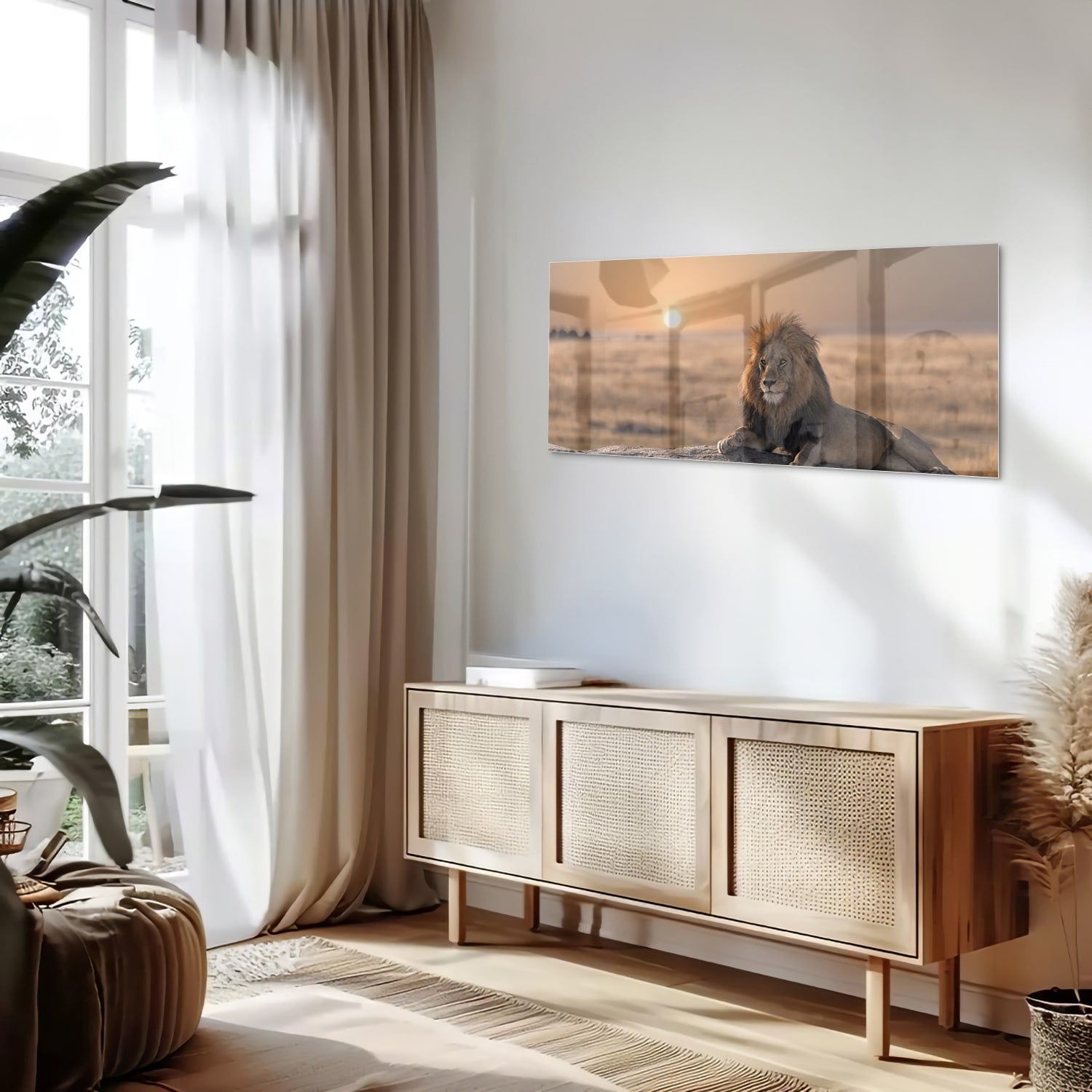 Glasbild – Majestätischer Löwe bei Sonnenuntergang – Glasbild aus Sicherheitsglas, Größe 60x60_rond