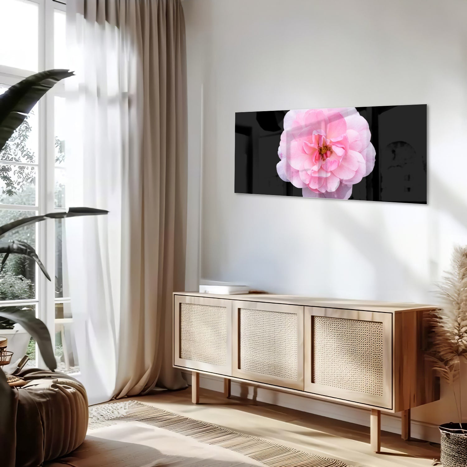 Elegantes Glasbild mit rosa Blume auf schwarzem Hintergrund – Glasbild aus Sicherheitsglas, Größe 60x60_rond