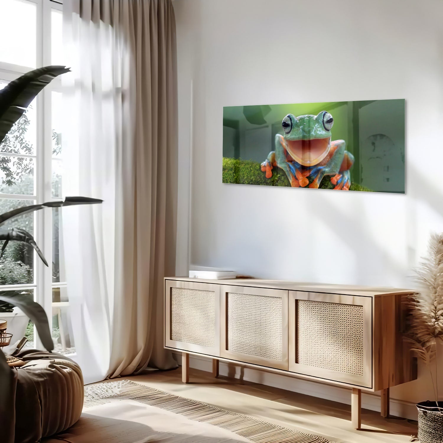 Fröhliches Glasbild mit Laubfrosch – Glasbild aus Sicherheitsglas, Größe 60x60_rond