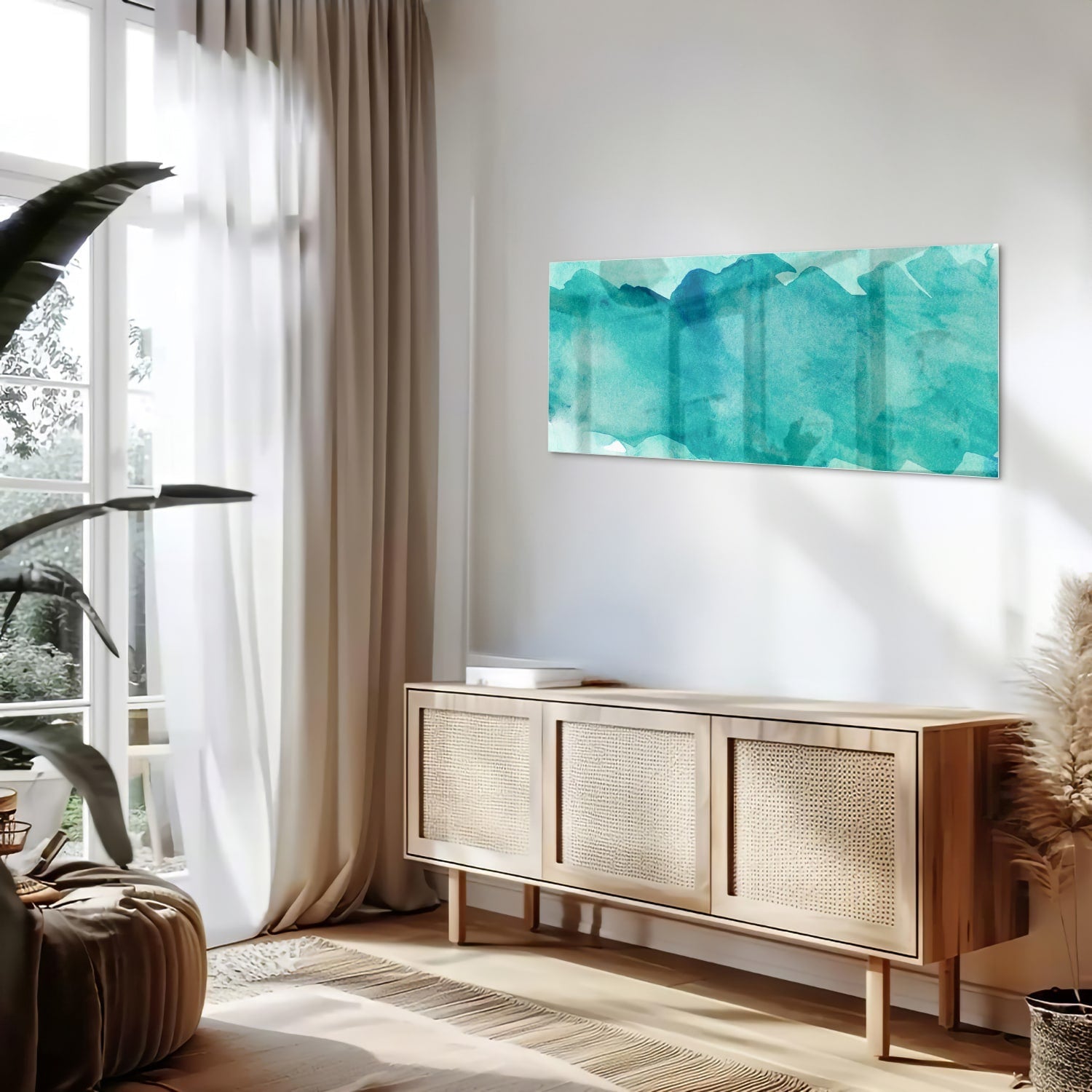 Abstraktes türkisfarbenes Glasbild für moderne Innenräume – Glasbild aus Sicherheitsglas, Größe 60x60_rond