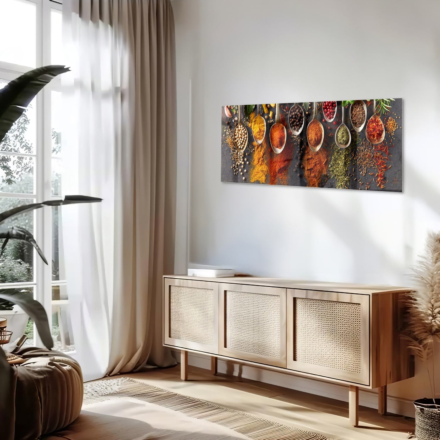 Farbenfrohes Glasbild mit Kräutern und Gewürzen – Glasbild aus Sicherheitsglas, Größe 60x60_rond