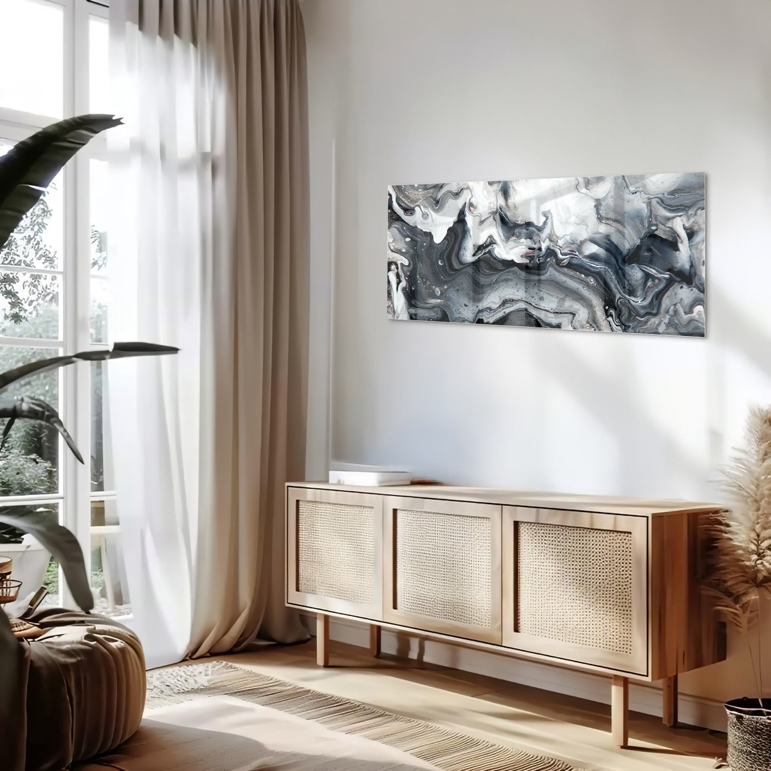 Abstraktes Glasbild in Grautönen – Glasbild aus Sicherheitsglas, Größe 60x60_rond