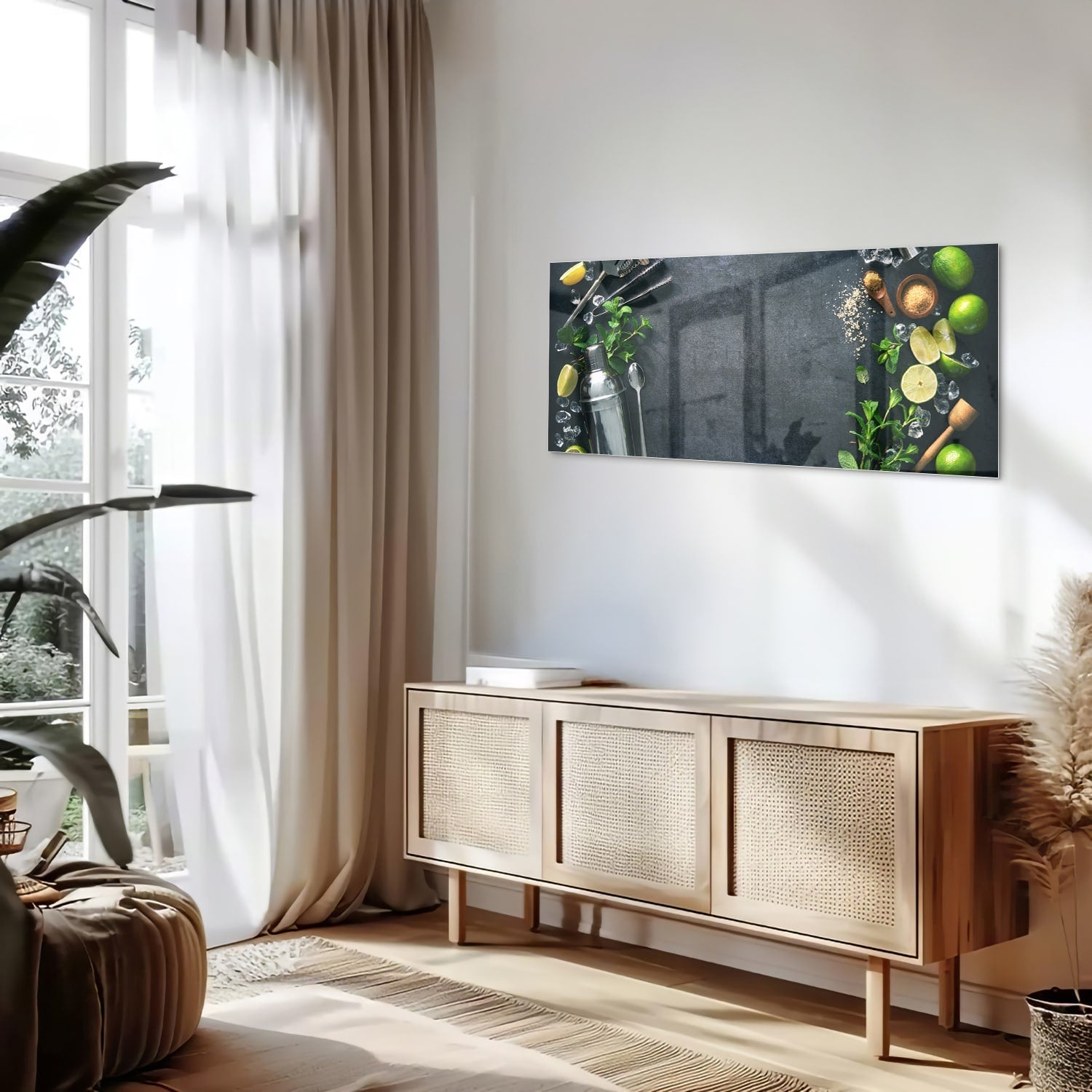 Elegantes Glasbild mit Kräutern und Zitronen – Glasbild aus Sicherheitsglas, Größe 60x60_rond