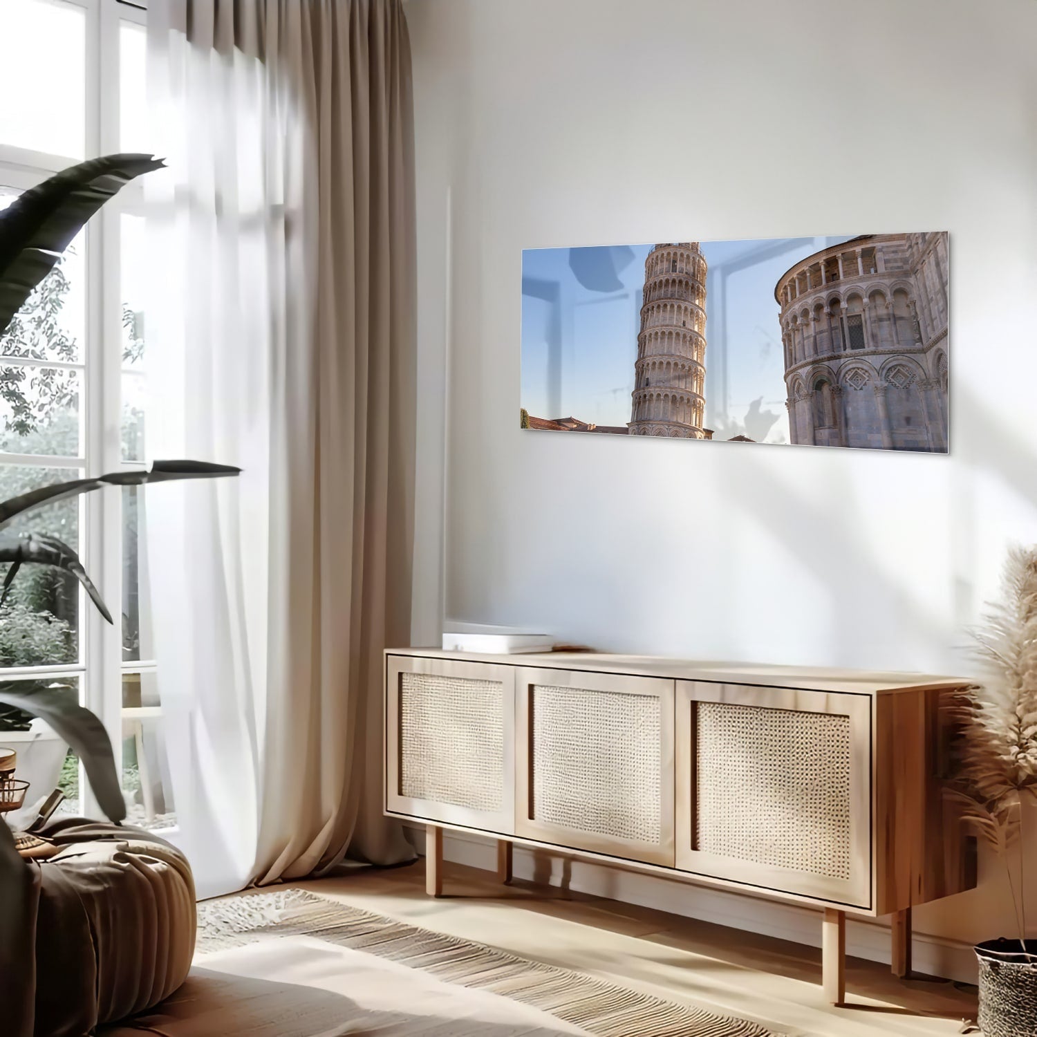 Glasbild mit dem Schiefen Turm von Pisa – Glasbild aus Sicherheitsglas, Größe 60x60_rond