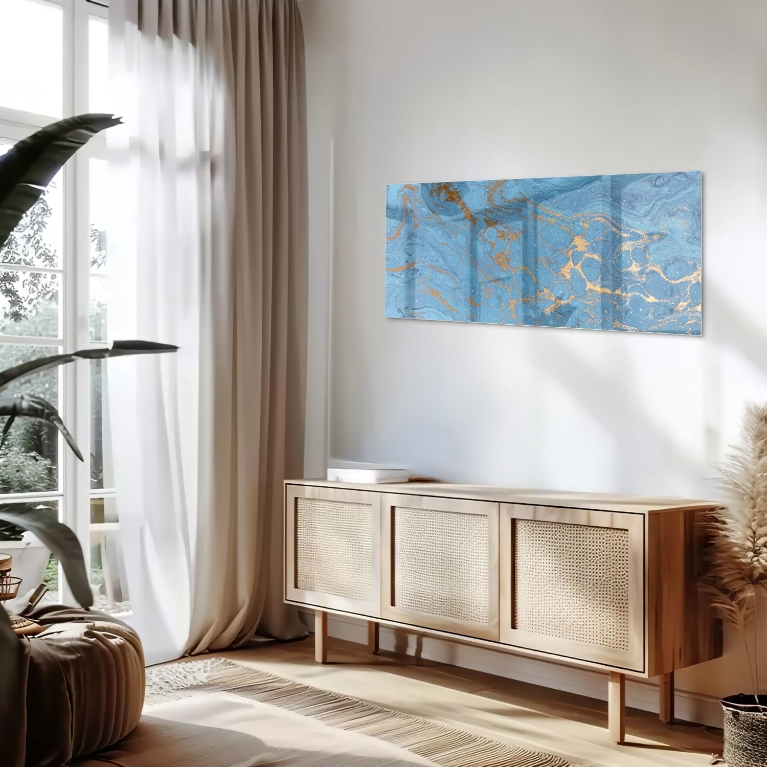 Elegantes Glasbild in blauen und goldenen Farbtönen – Glasbild aus Sicherheitsglas, Größe 60x60_rond