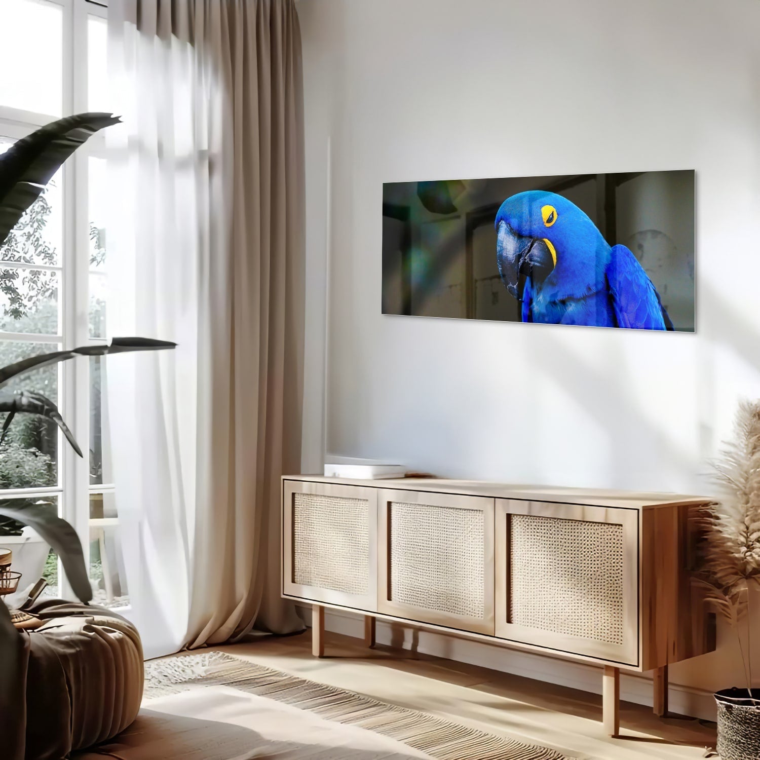 Glasbild mit einem wunderschönen blauen Ara – Glasbild aus Sicherheitsglas, Größe 60x60_rond