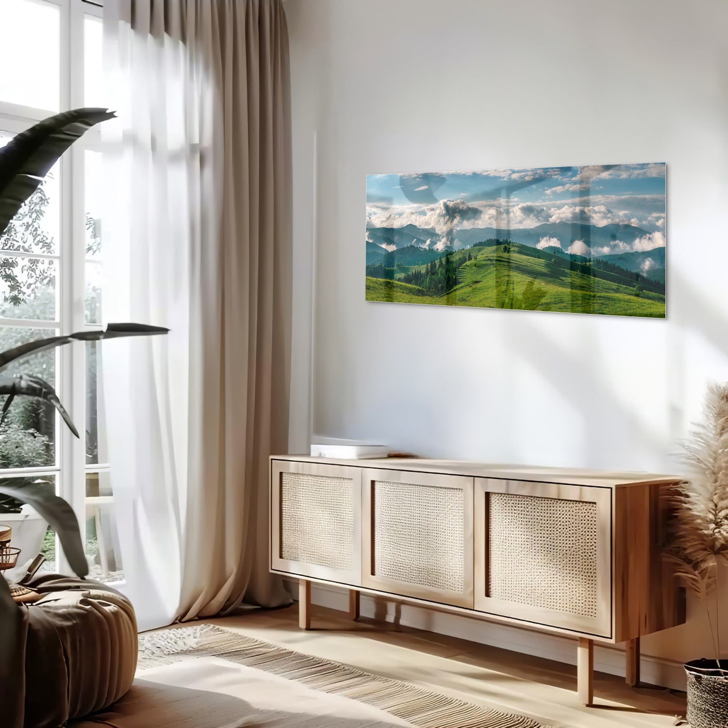 Glasbild mit atemberaubender Berglandschaft – Glasbild aus Sicherheitsglas, Größe 60x60_rond