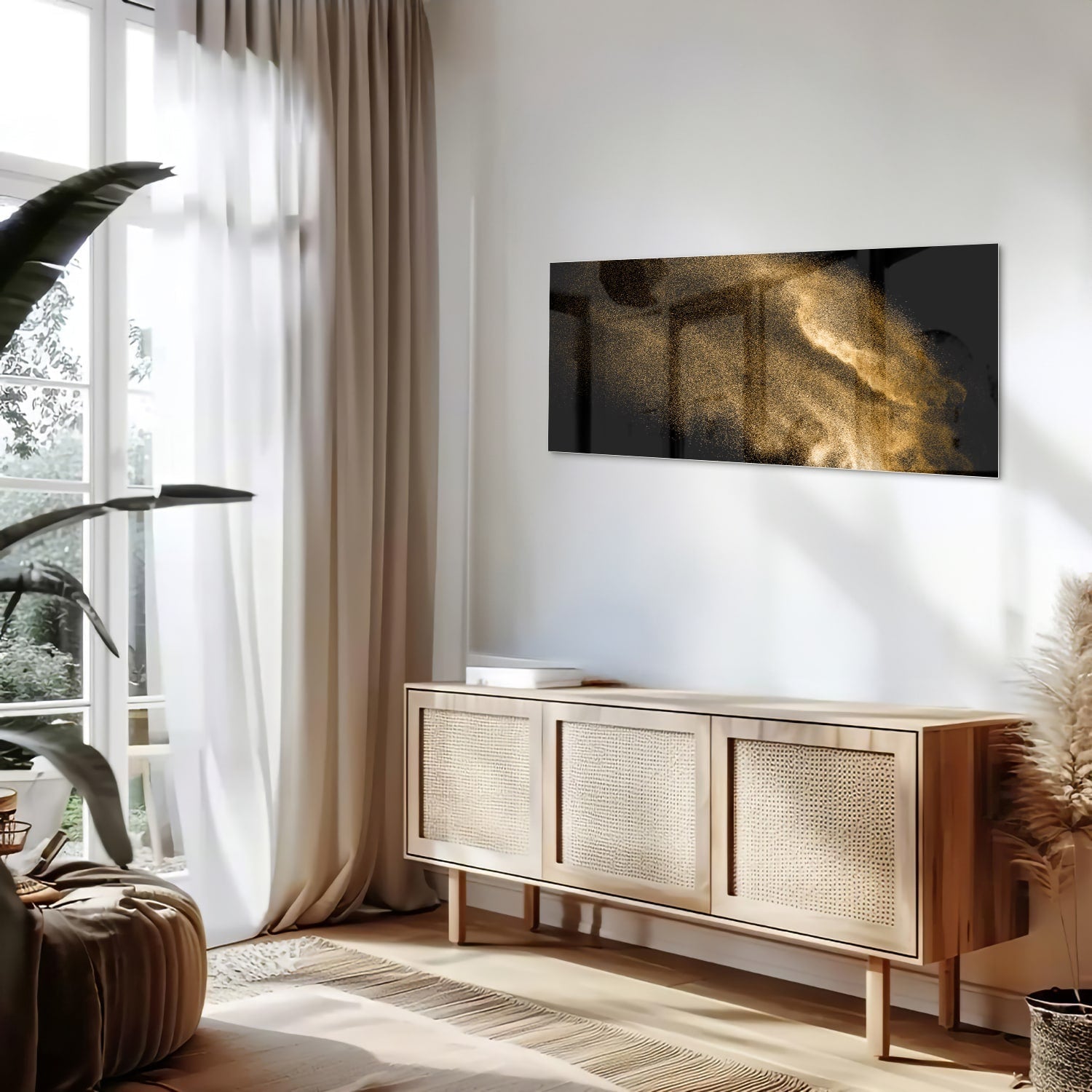 Glasbild – Goldene Hand auf schwarzem Hintergrund – Glasbild aus Sicherheitsglas, Größe 60x60_rond