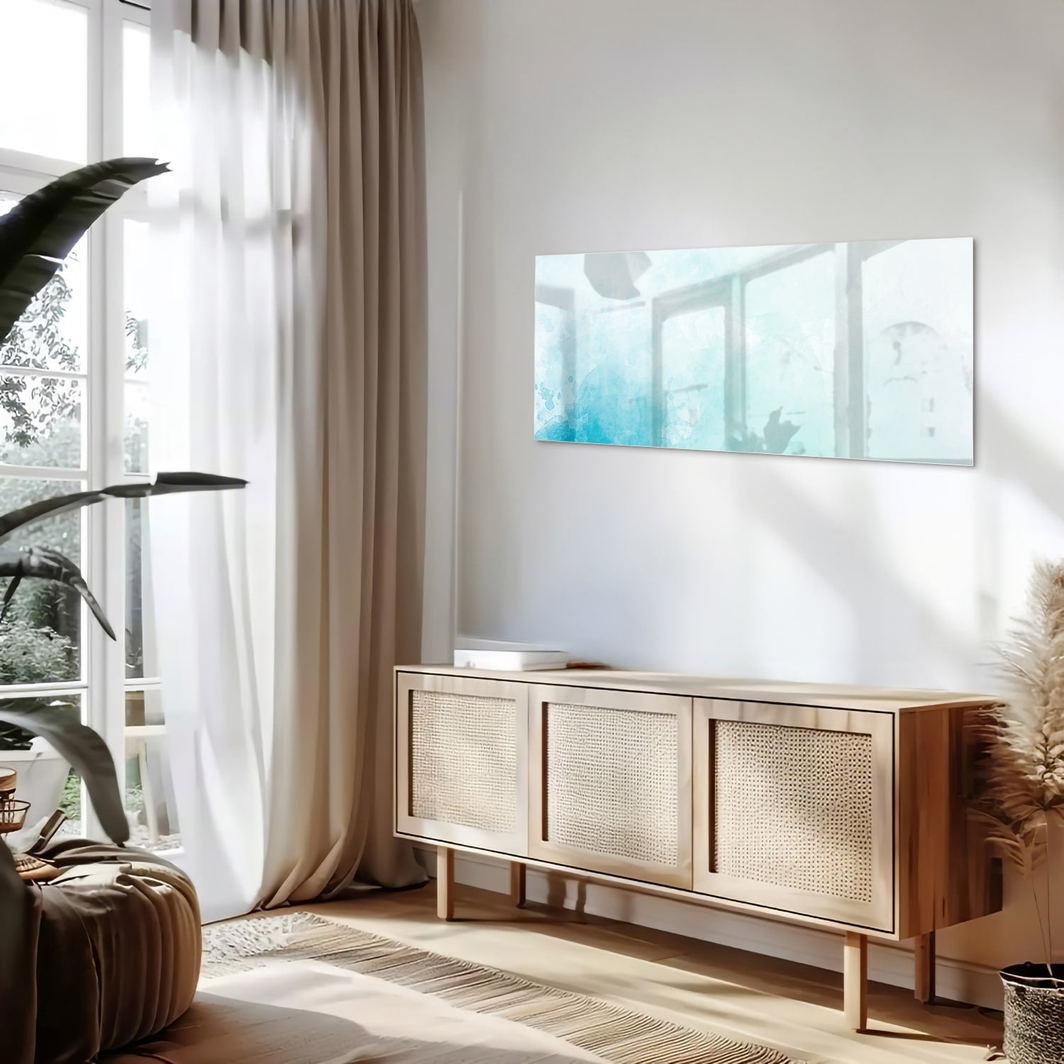 Abstraktes Glasbild in blauen und türkisen Farbtönen – Glasbild aus Sicherheitsglas, Größe 60x60_rond