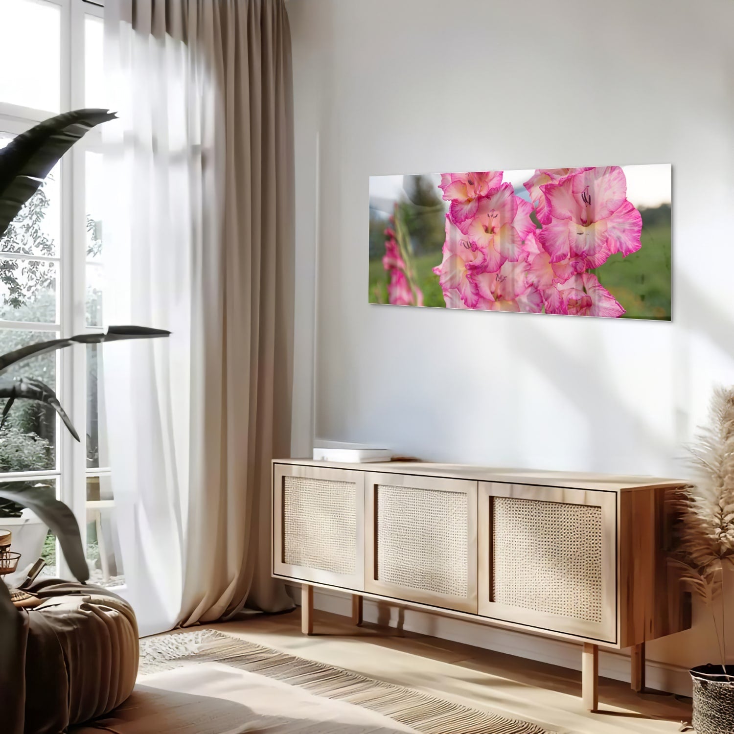 Glasbild mit wunderschönen rosa Gladiolen – Glasbild aus Sicherheitsglas, Größe 60x60_rond