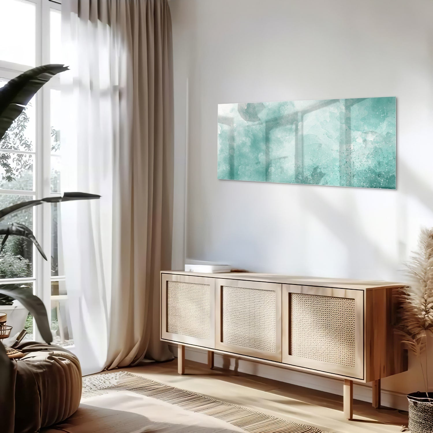 Abstraktes Glasbild in Aquablau – Glasbild aus Sicherheitsglas, Größe 60x60_rond