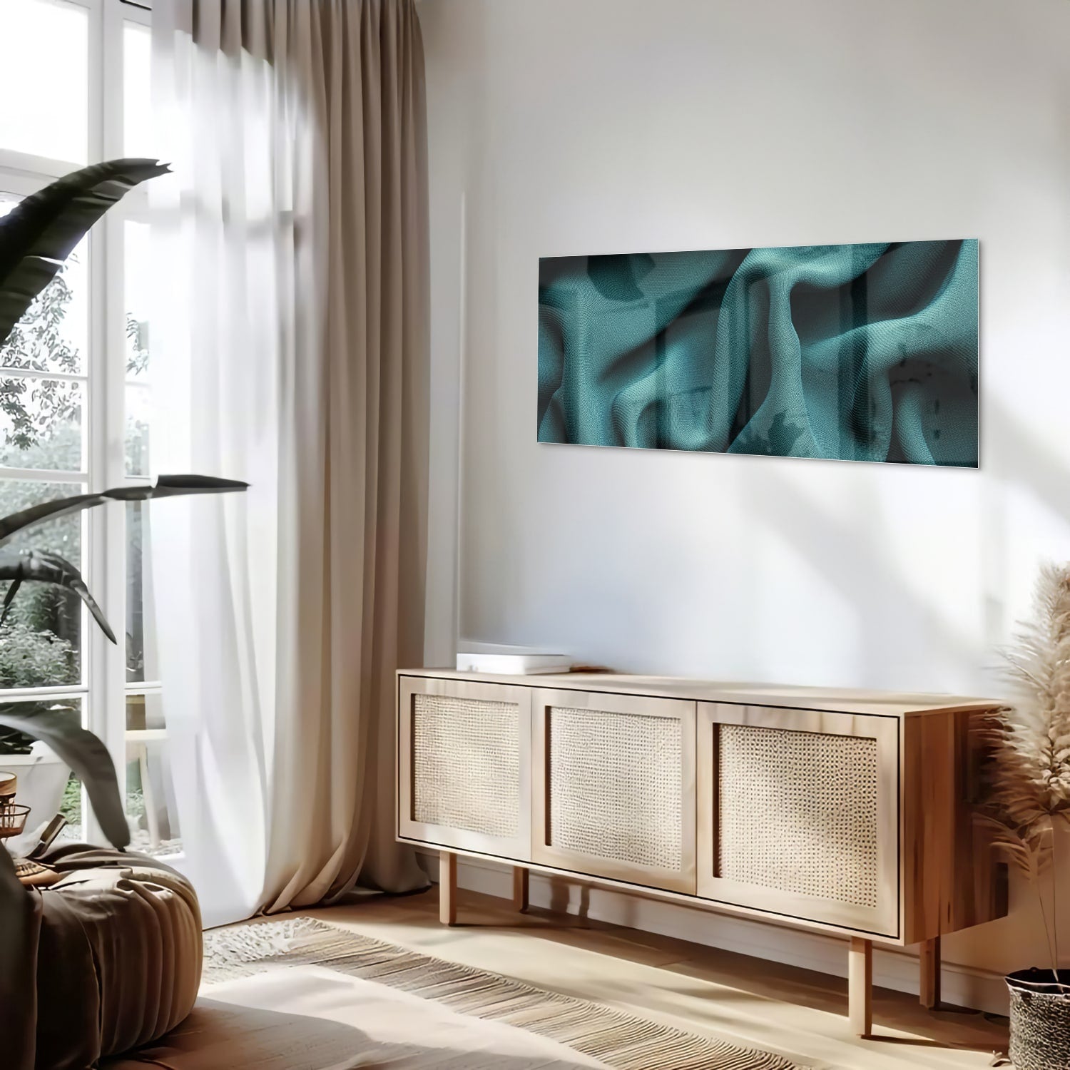 Elegantes Glasbild mit blau-grünem Design – Glasbild aus Sicherheitsglas, Größe 60x60_rond