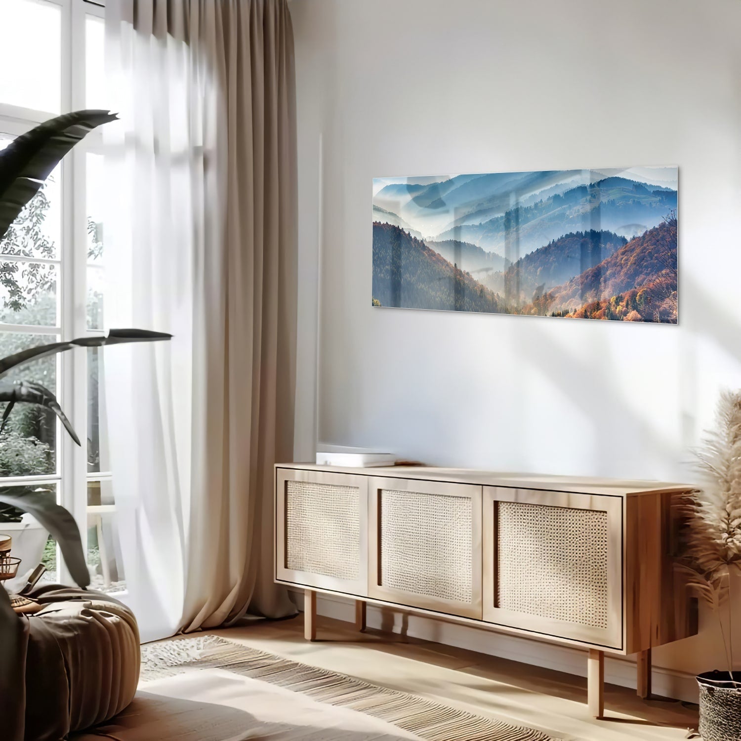 Atemberaubendes Glasbild mit Berglandschaft für Zuhause – Glasbild aus Sicherheitsglas, Größe 60x60_rond