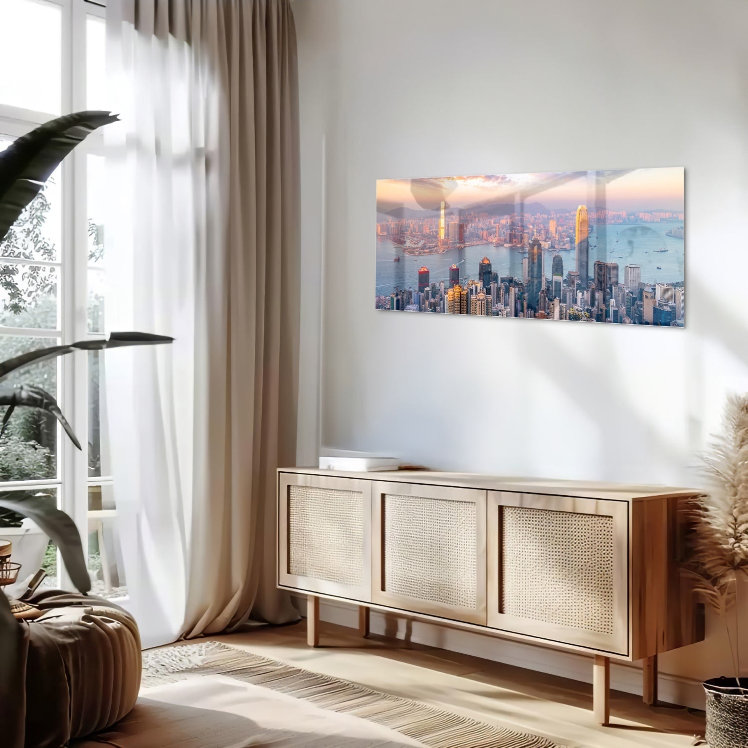 Glasbild mit Stadtansicht bei Sonnenuntergang – Glasbild aus Sicherheitsglas, Größe 60x60_rond