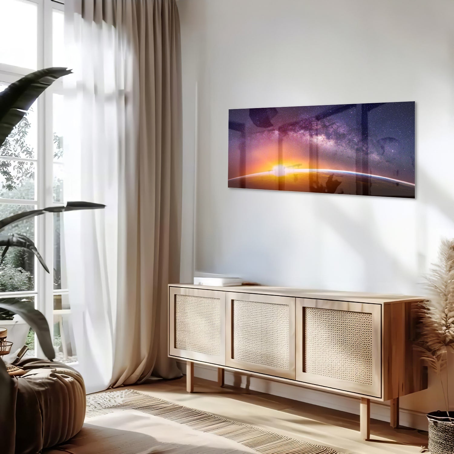Glasbild mit einem Sternenhimmel bei Sonnenuntergang – Glasbild aus Sicherheitsglas, Größe 60x60_rond