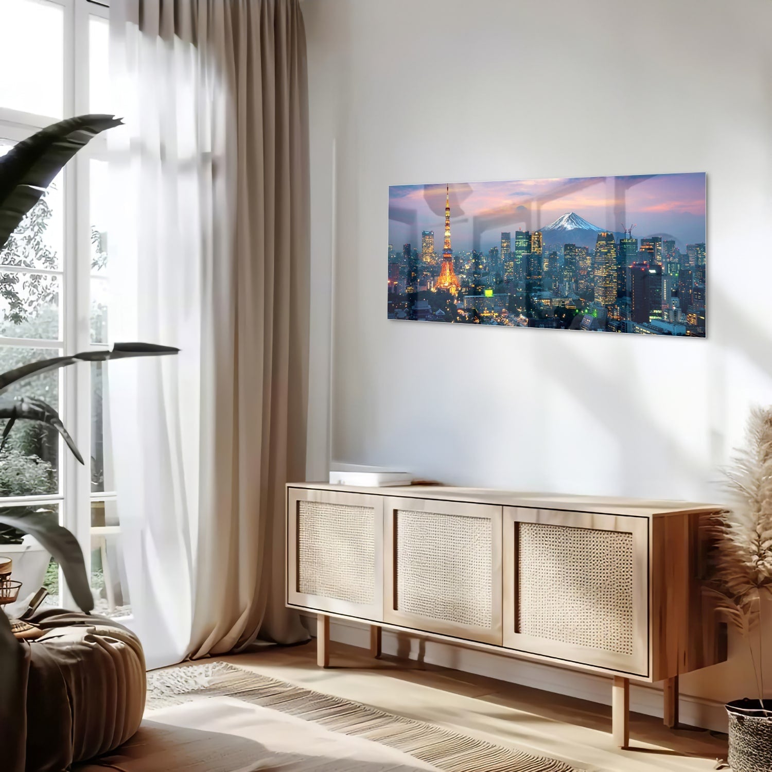 Glasbild mit Stadtpanorama, Fuji und Tokyo Tower – Glasbild aus Sicherheitsglas, Größe 60x60_rond