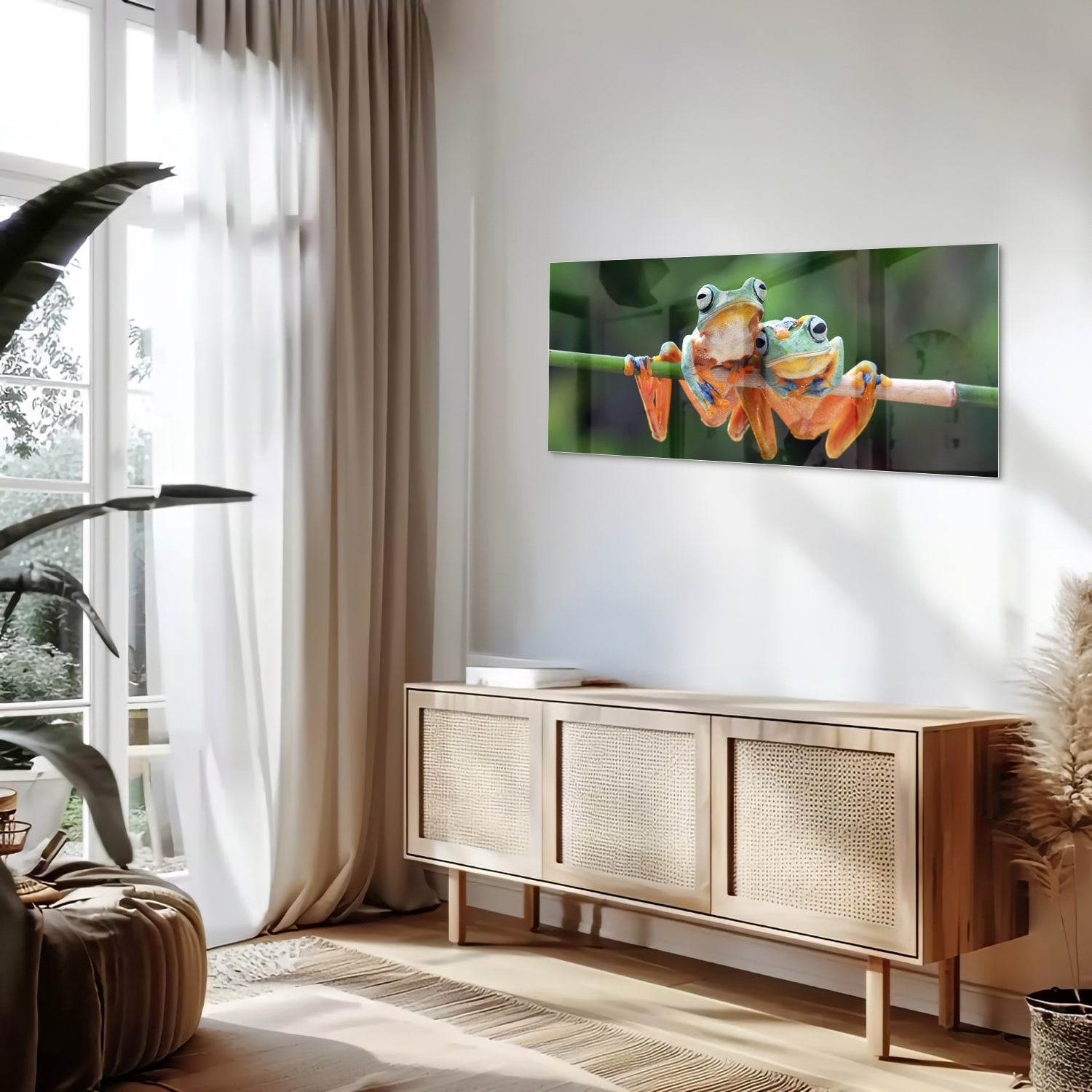Fröhliches Glasbild mit Frosch auf einem Ast – Glasbild aus Sicherheitsglas, Größe 60x60_rond