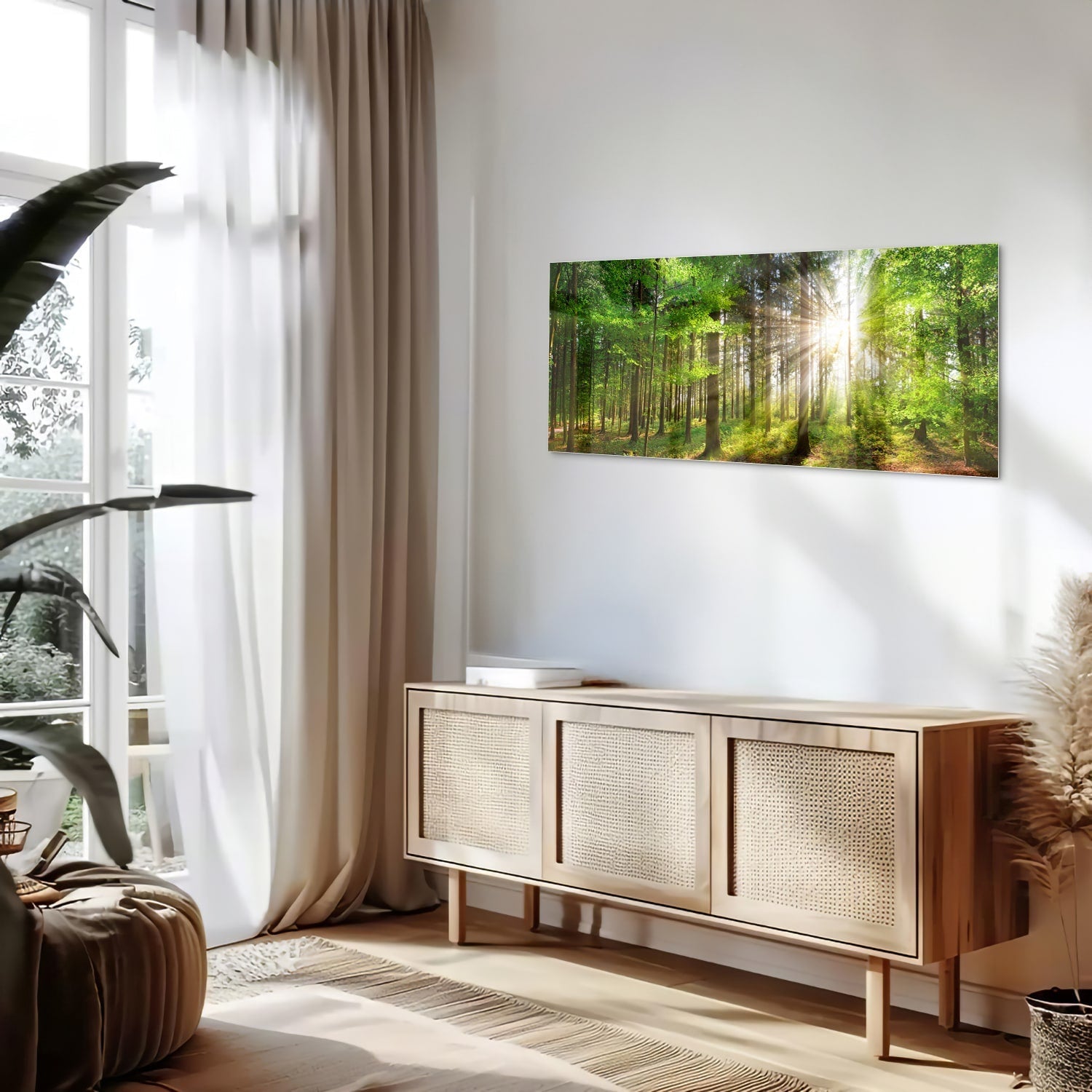 Glasbild mit sonnigem Wald für die Wohndekoration – Glasbild aus Sicherheitsglas, Größe 60x60_rond