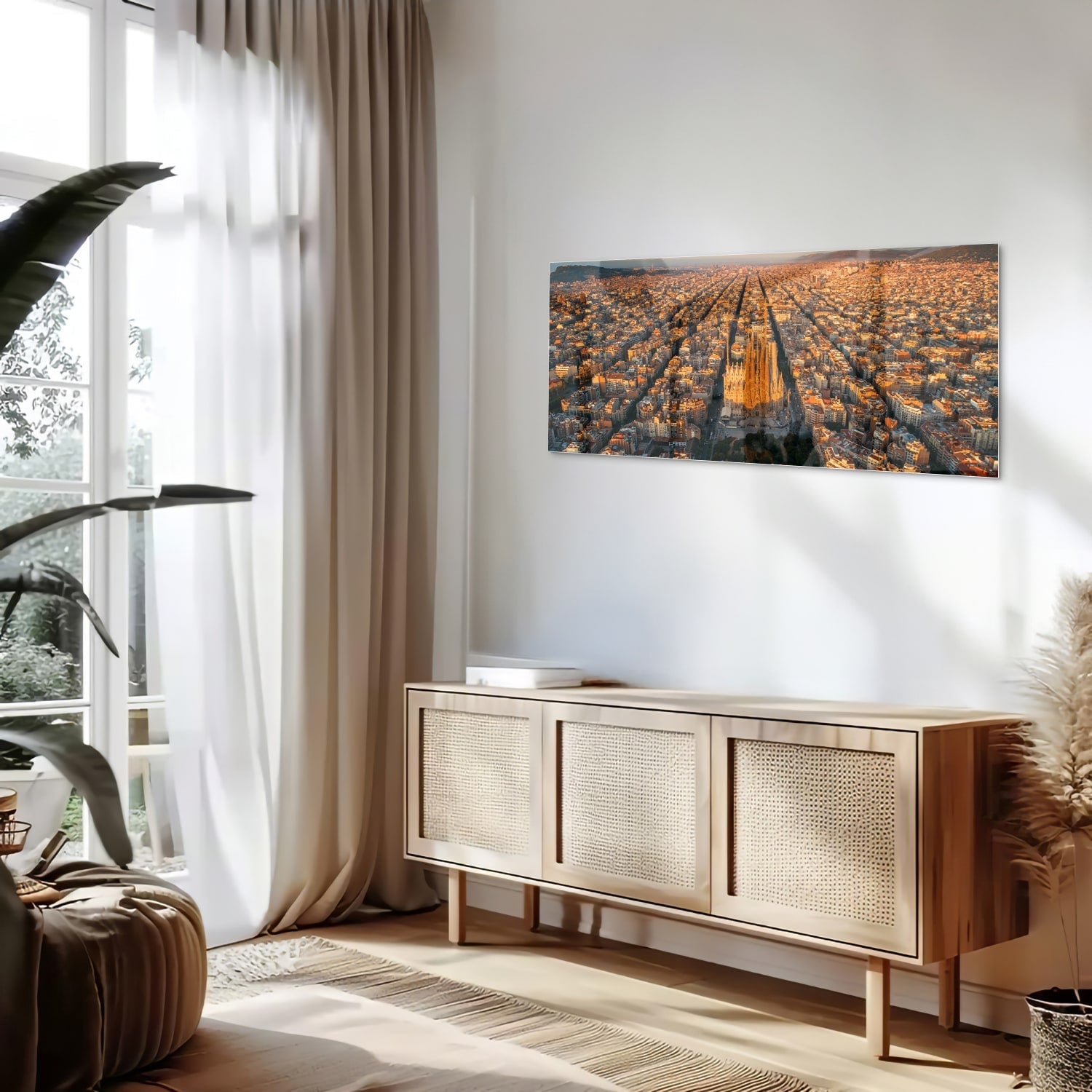 Glasbild mit atemberaubendem Stadtblick bei Sonnenuntergang – Glasbild aus Sicherheitsglas, Größe 60x60_rond