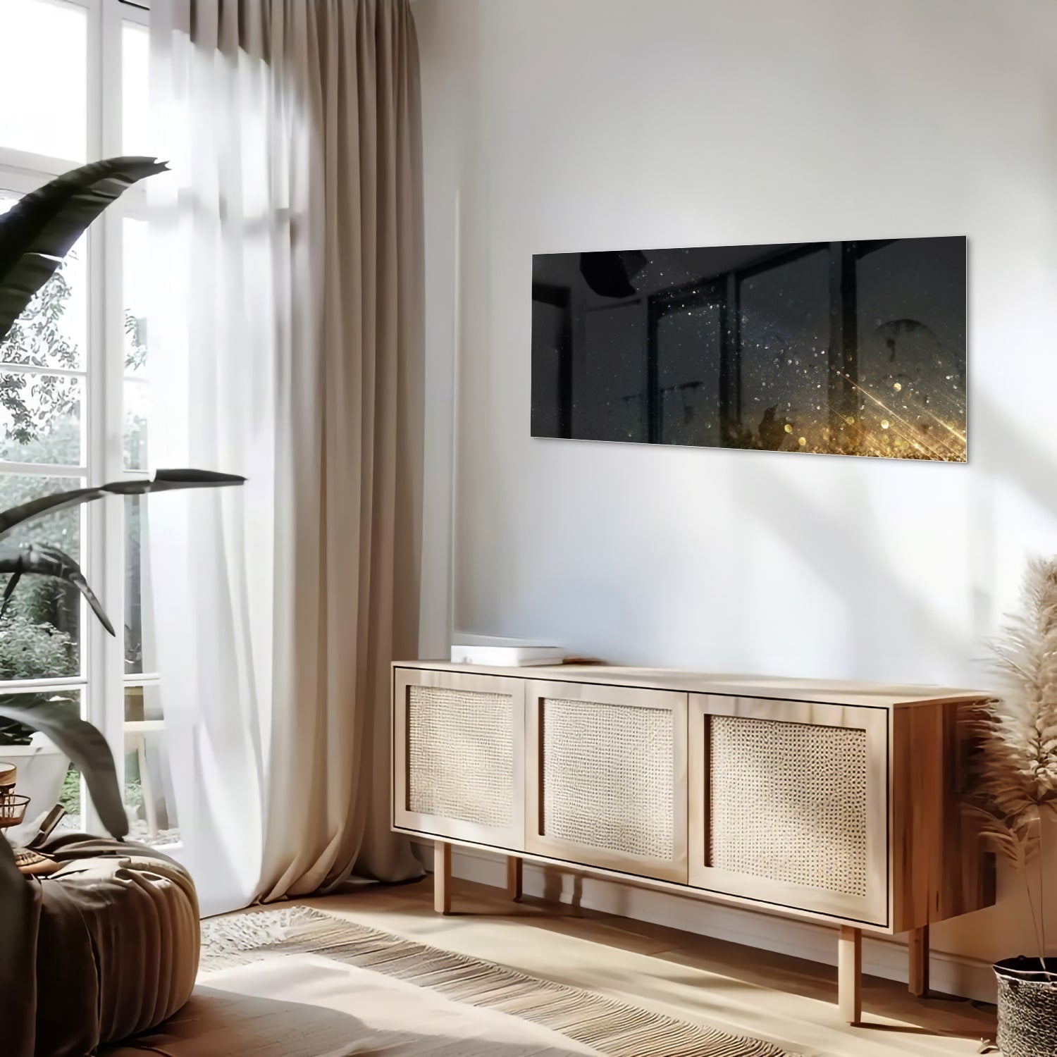 Schwarzes Glasbild mit Sternen und Lichtreflexionen – Glasbild aus Sicherheitsglas, Größe 60x60_rond
