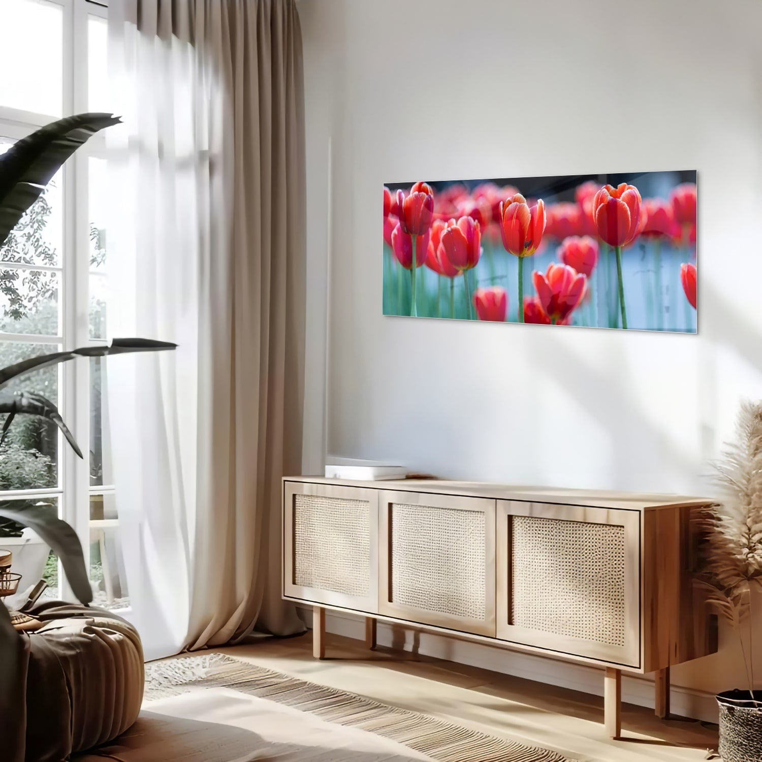 Glasbild – Lebendige rote Tulpen – Glasbild aus Sicherheitsglas, Größe 60x60_rond