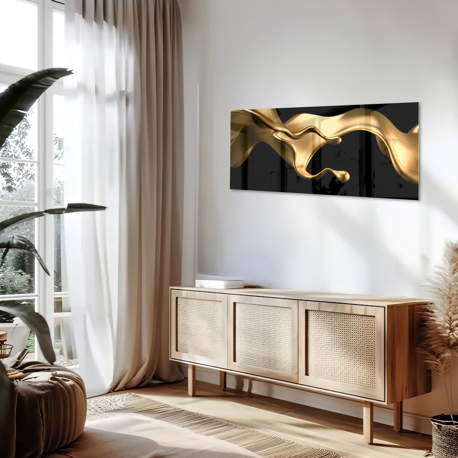 Abstraktes Glasbild mit goldener Welle für elegante Innenräume – Glasbild aus Sicherheitsglas, Größe 60x60_rond