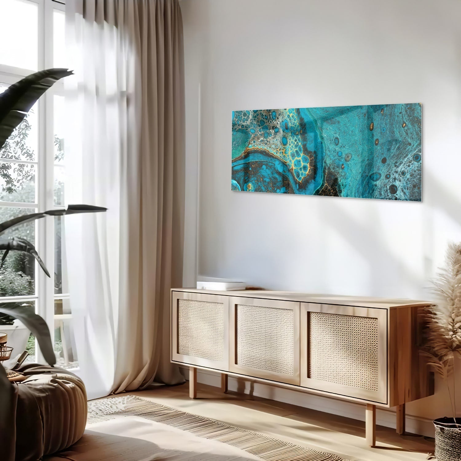 Abstraktes Glasbild in Türkis und Gold – Glasbild aus Sicherheitsglas, Größe 60x60_rond