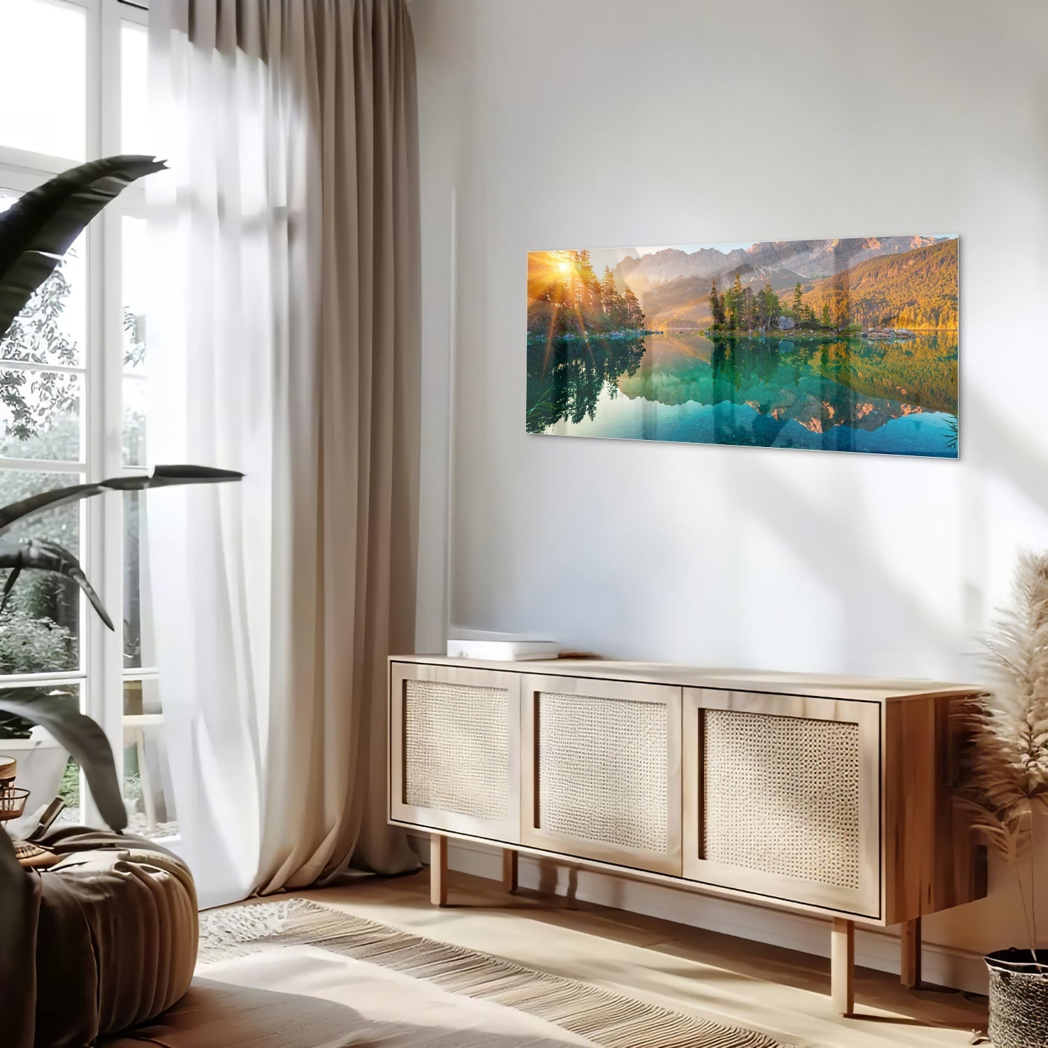 Wunderschönes Glasbild mit Berglandschaft und See – Glasbild aus Sicherheitsglas, Größe 60x60_rond