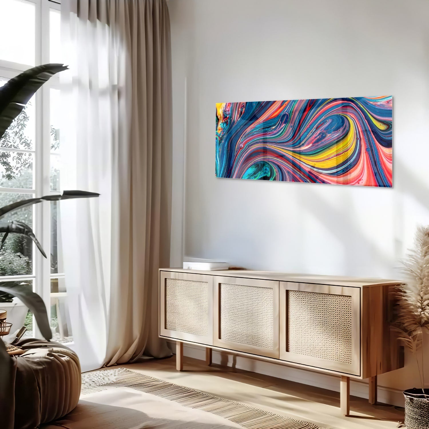 Farbenfrohes abstraktes Glasbild für ein modernes Interieur – Glasbild aus Sicherheitsglas, Größe 60x60_rond