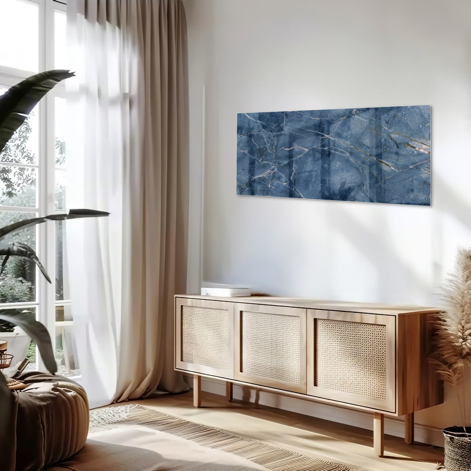 Blaues Glasbild mit Marmoroptik – Glasbild aus Sicherheitsglas, Größe 60x60_rond