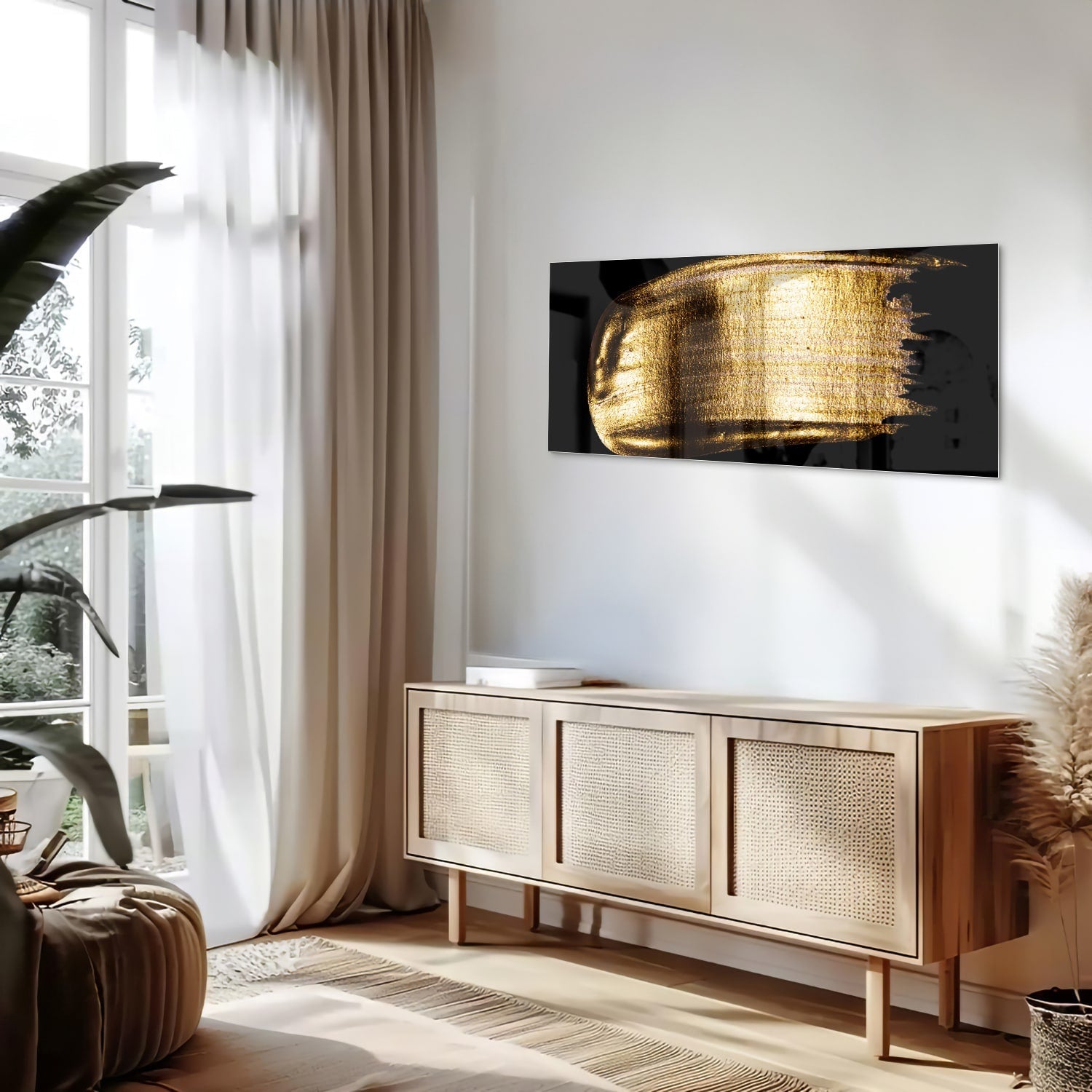 Goldenes abstraktes Glasbild auf schwarzem Hintergrund – Glasbild aus Sicherheitsglas, Größe 60x60_rond