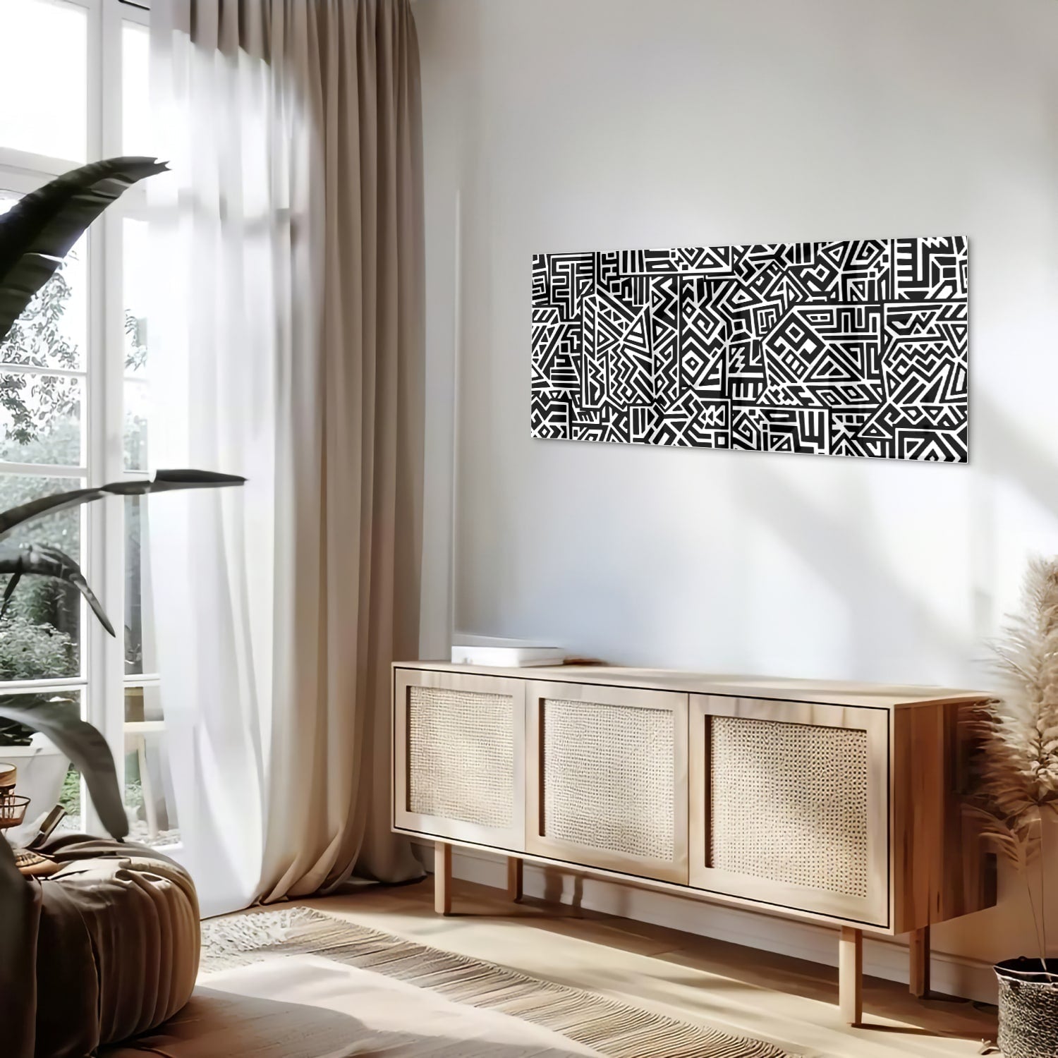 Schwarz-Weiß-Glasbild mit modernem Muster – Glasbild aus Sicherheitsglas, Größe 60x60_rond