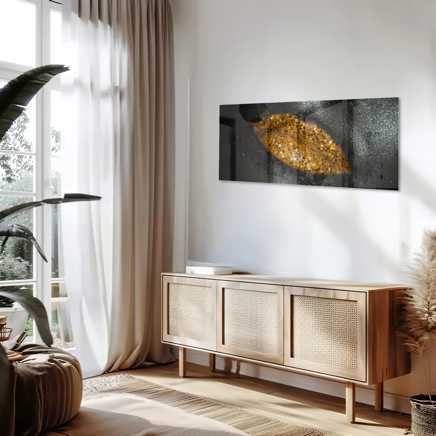 Glasbild mit goldenem Blatt für Ihr Interieur – Glasbild aus Sicherheitsglas, Größe 60x60_rond