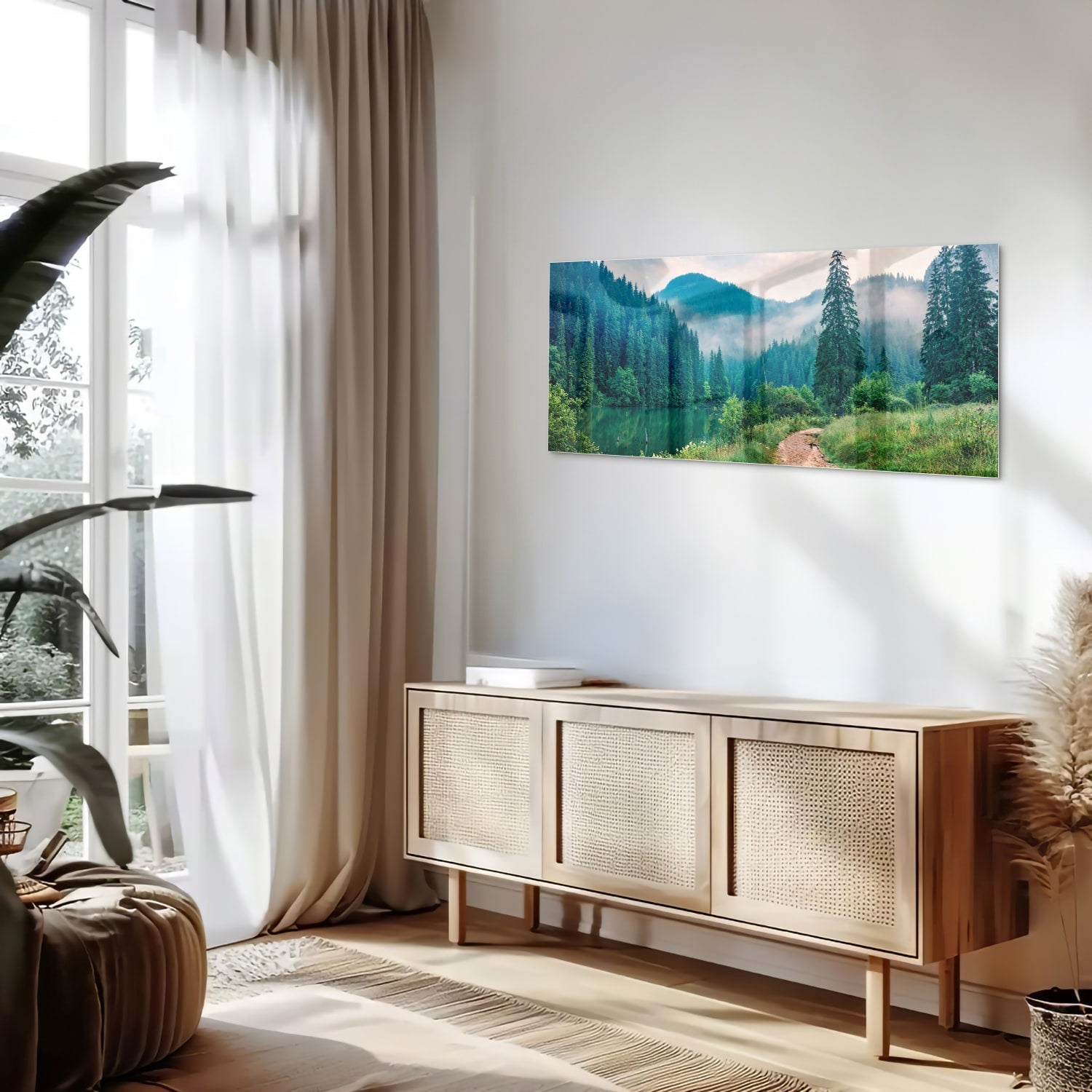 Stimmungsvolles Glasbild mit einer Berglandschaft – Glasbild aus Sicherheitsglas, Größe 60x60_rond