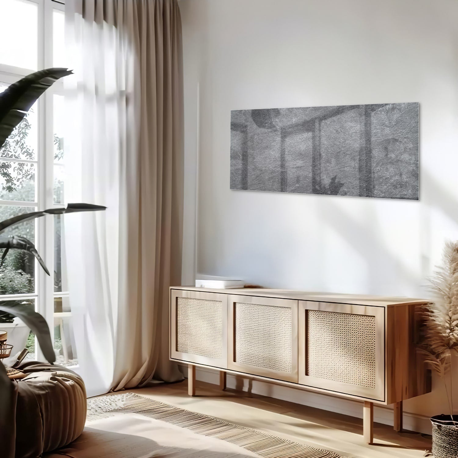 Modernes Glasbild in Grautönen für Ihr Interieur – Glasbild aus Sicherheitsglas, Größe 60x60_rond