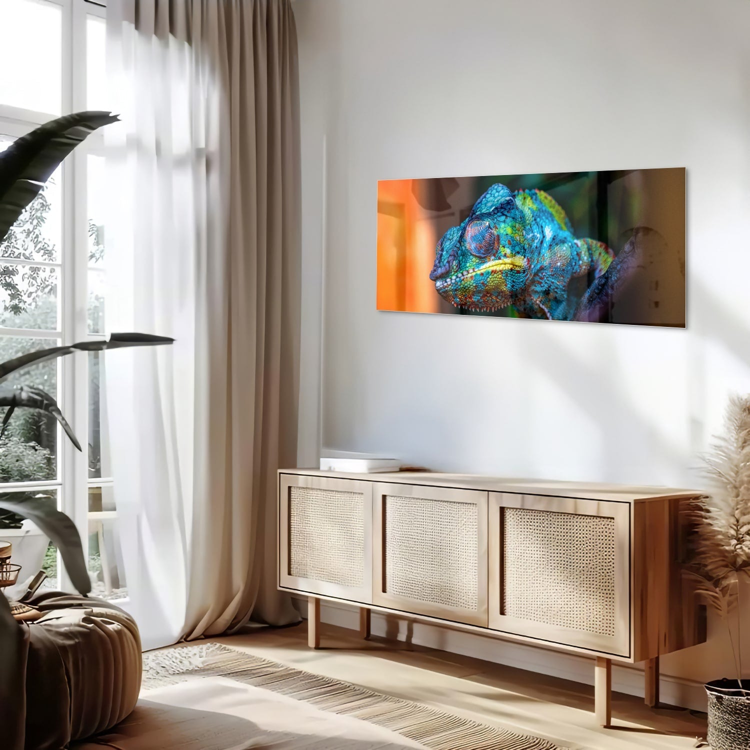 Farbenfrohes Chamäleon-Glasbild für Ihr Interieur – Glasbild aus Sicherheitsglas, Größe 60x60_rond
