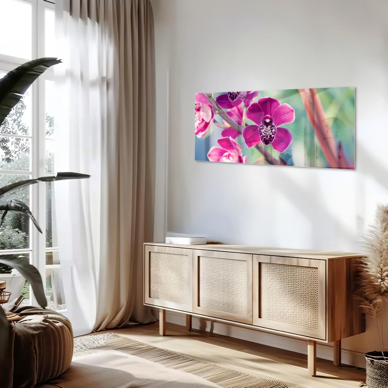 Wunderschönes Glasbild mit violetten Orchideen – Glasbild aus Sicherheitsglas, Größe 60x60_rond